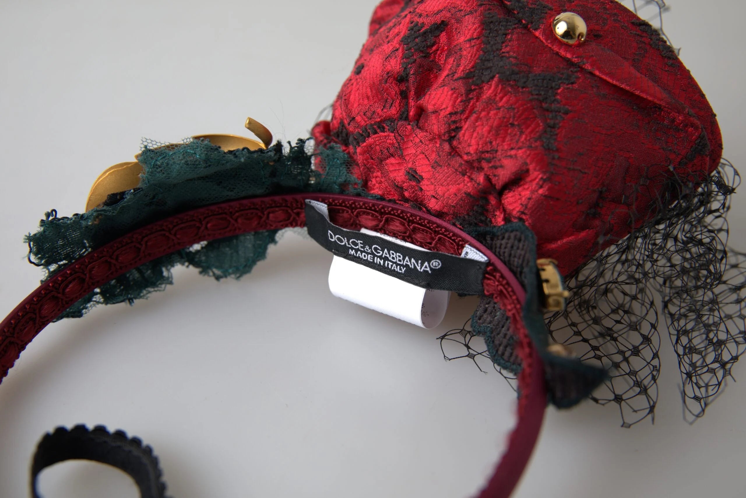Dolce & Gabbana Red with multicolor Rose Silk Crystal Netted Logo Diadem Headband - Headbands