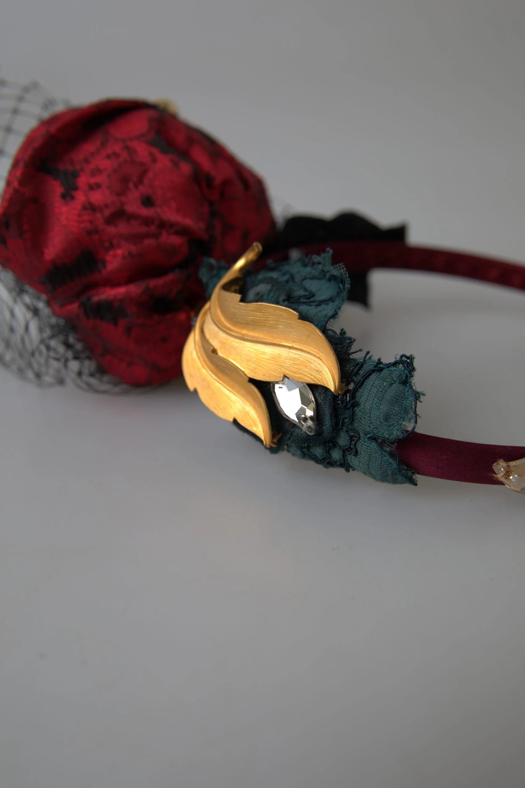 Dolce & Gabbana Red with multicolor Rose Silk Crystal Netted Logo Diadem Headband - Headbands