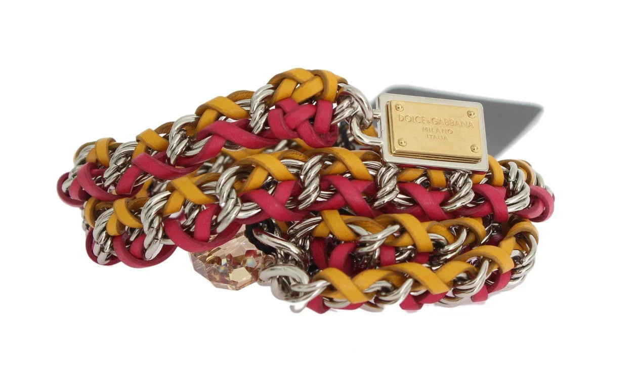 Dolce & Gabbana Red Yellow Leather Crystal Belt - Belts
