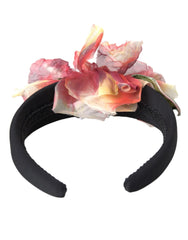 Dolce & Gabbana Rose Pink Silk Floral Black Tiara Women Hairband Diadem - Headbands