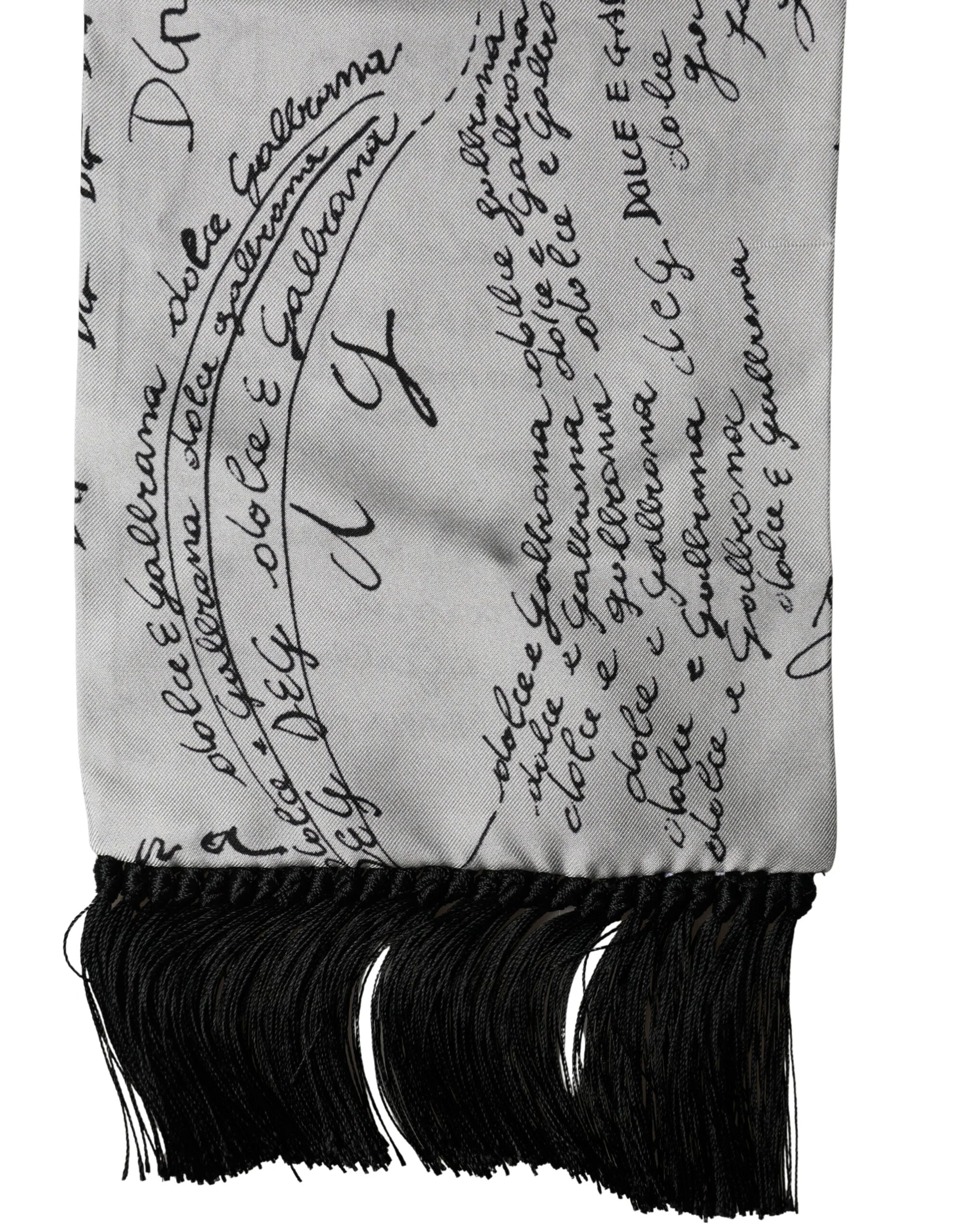 Dolce & Gabbana Scarf White Silk Script Logo Print Fringe 150cm x15cm Men