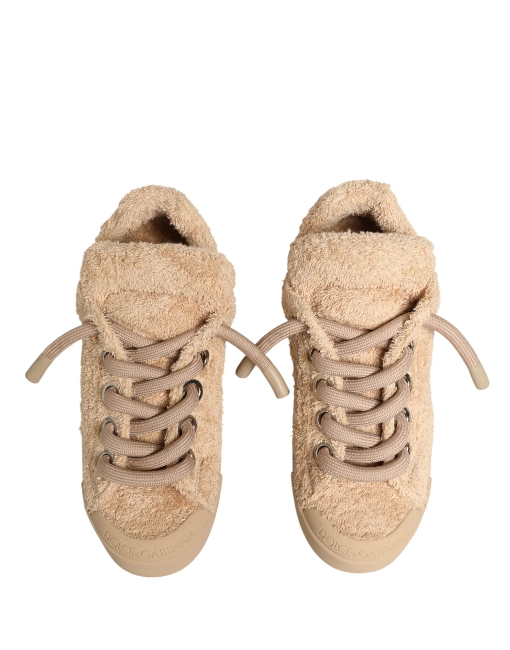 Dolce & Gabbana Shoes Beige Faux Shearling Low Top Sneakers - EU44/US11