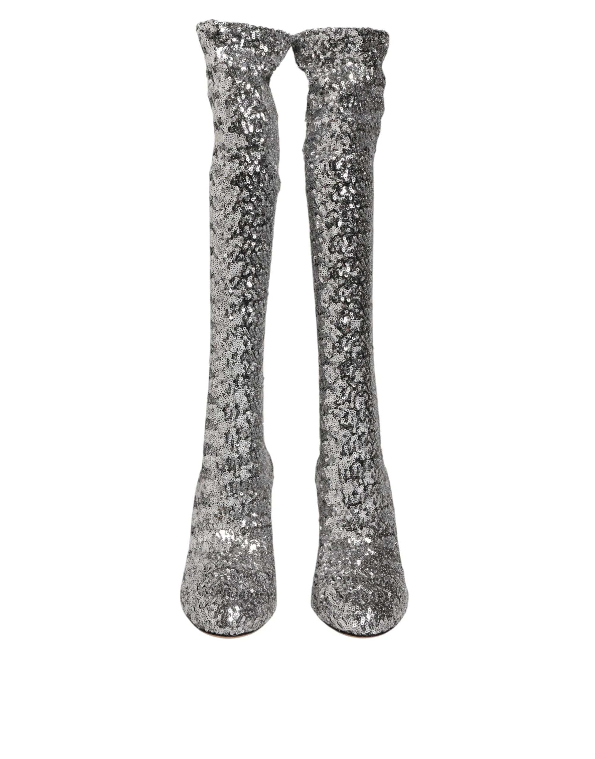 Dolce & Gabbana Shoes Silver Sequins Glitter High Heel Boot Shoes