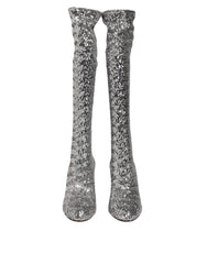 Dolce & Gabbana Shoes Silver Sequins Glitter High Heel Boot Shoes