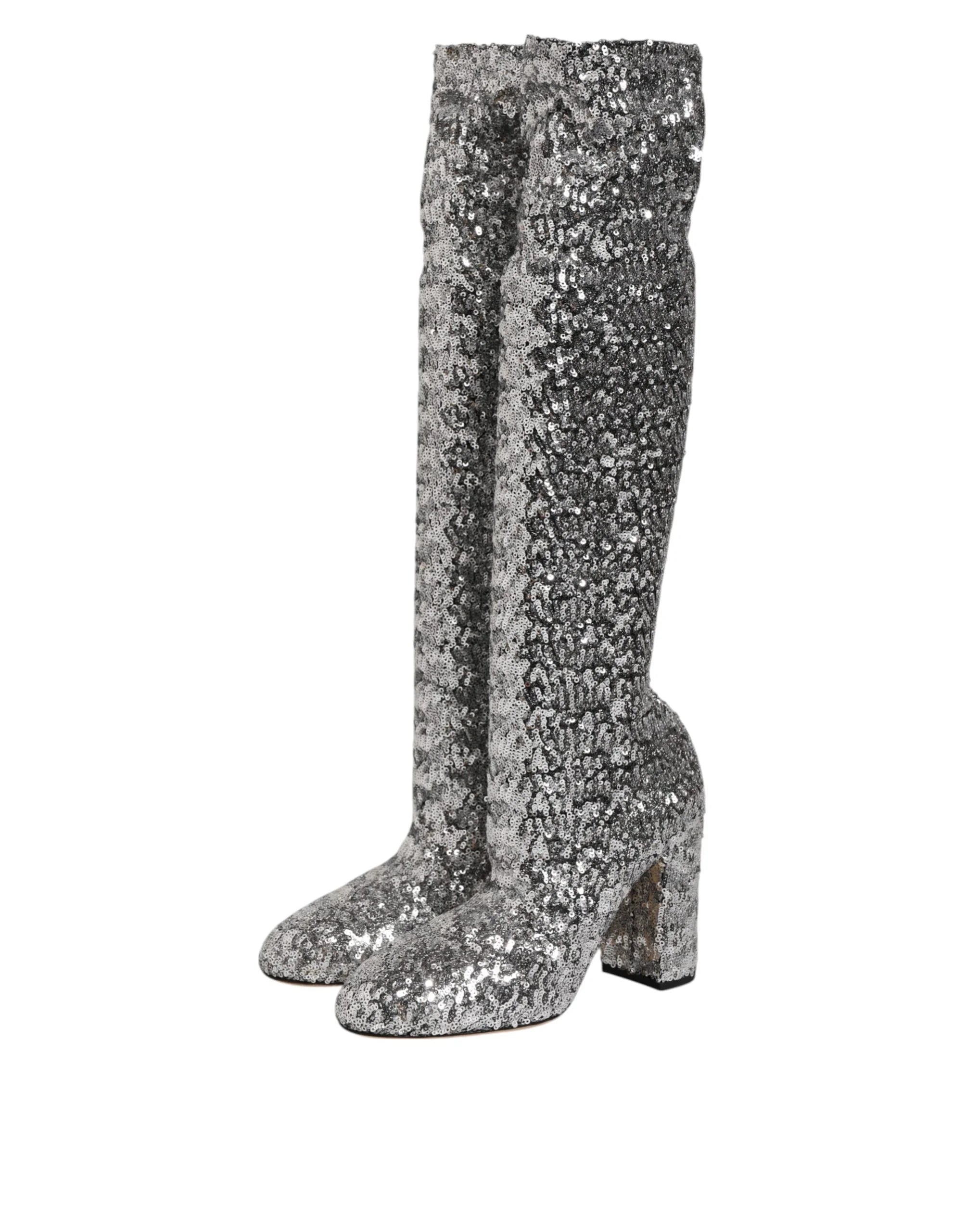 Dolce & Gabbana Shoes Silver Sequins Glitter High Heel Boot Shoes - Boots