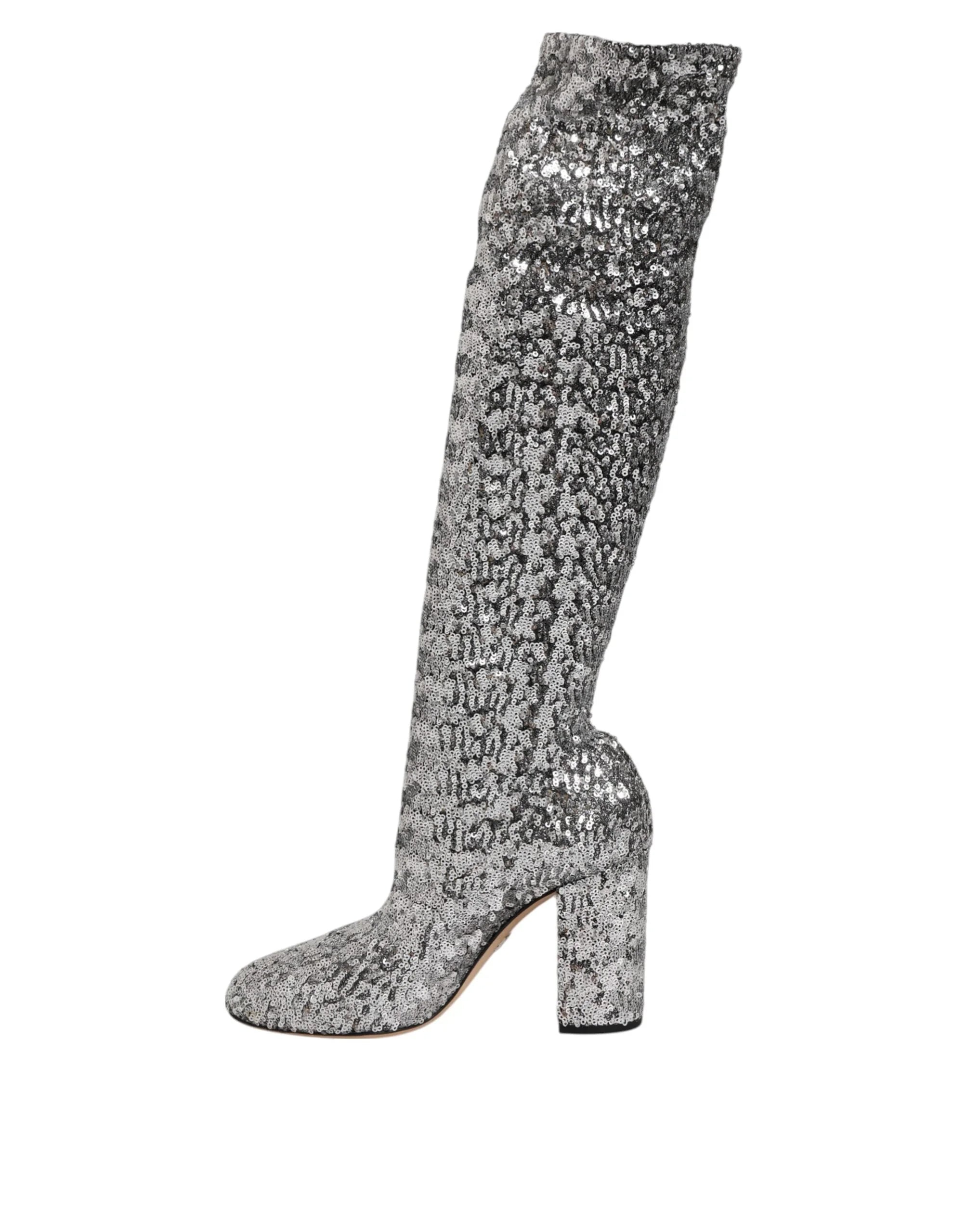 Dolce & Gabbana Shoes Silver Sequins Glitter High Heel Boot Shoes - Boots