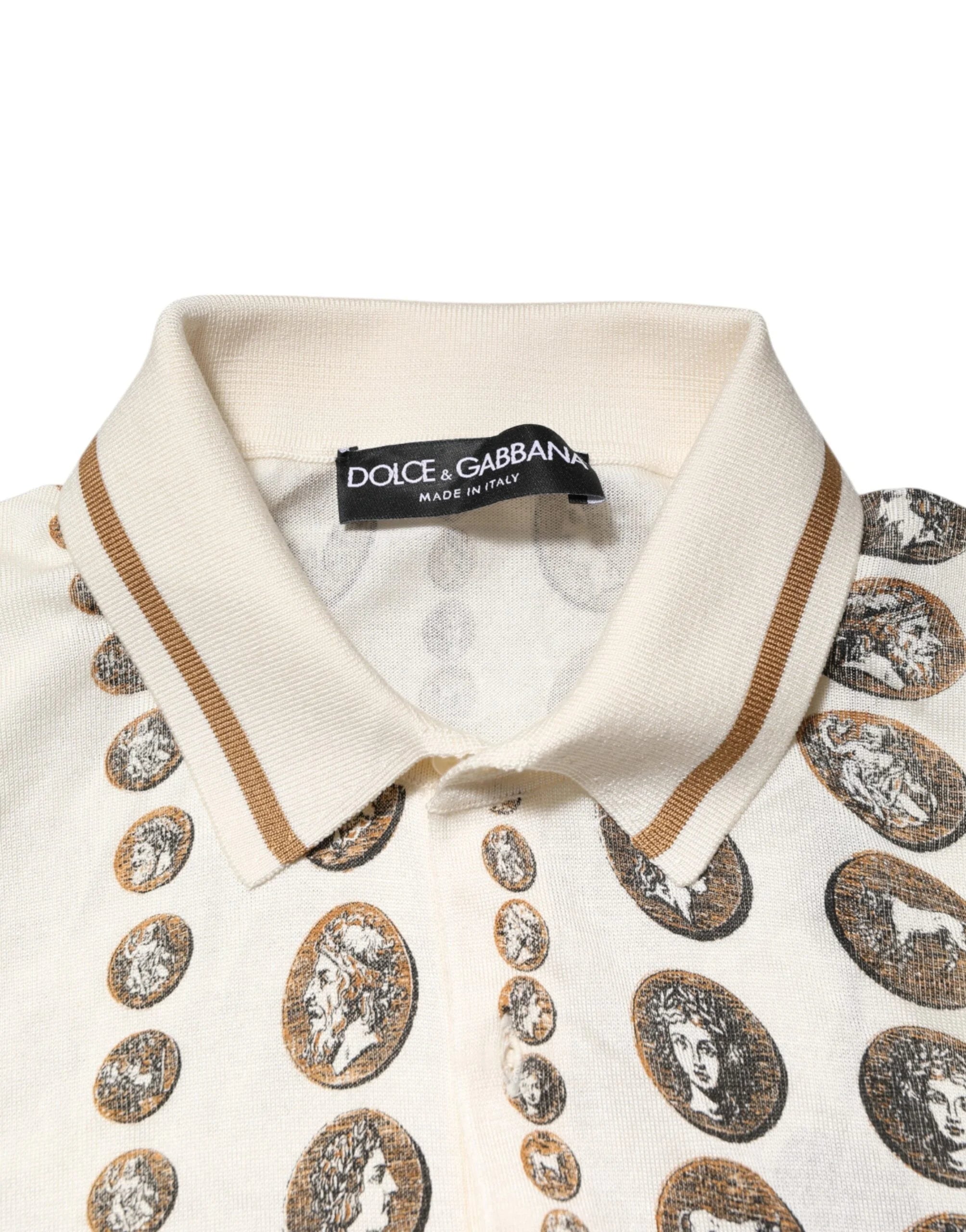 Dolce & Gabbana Silk Ivory Coin Print Logo Men Polo T-shirt - Polos