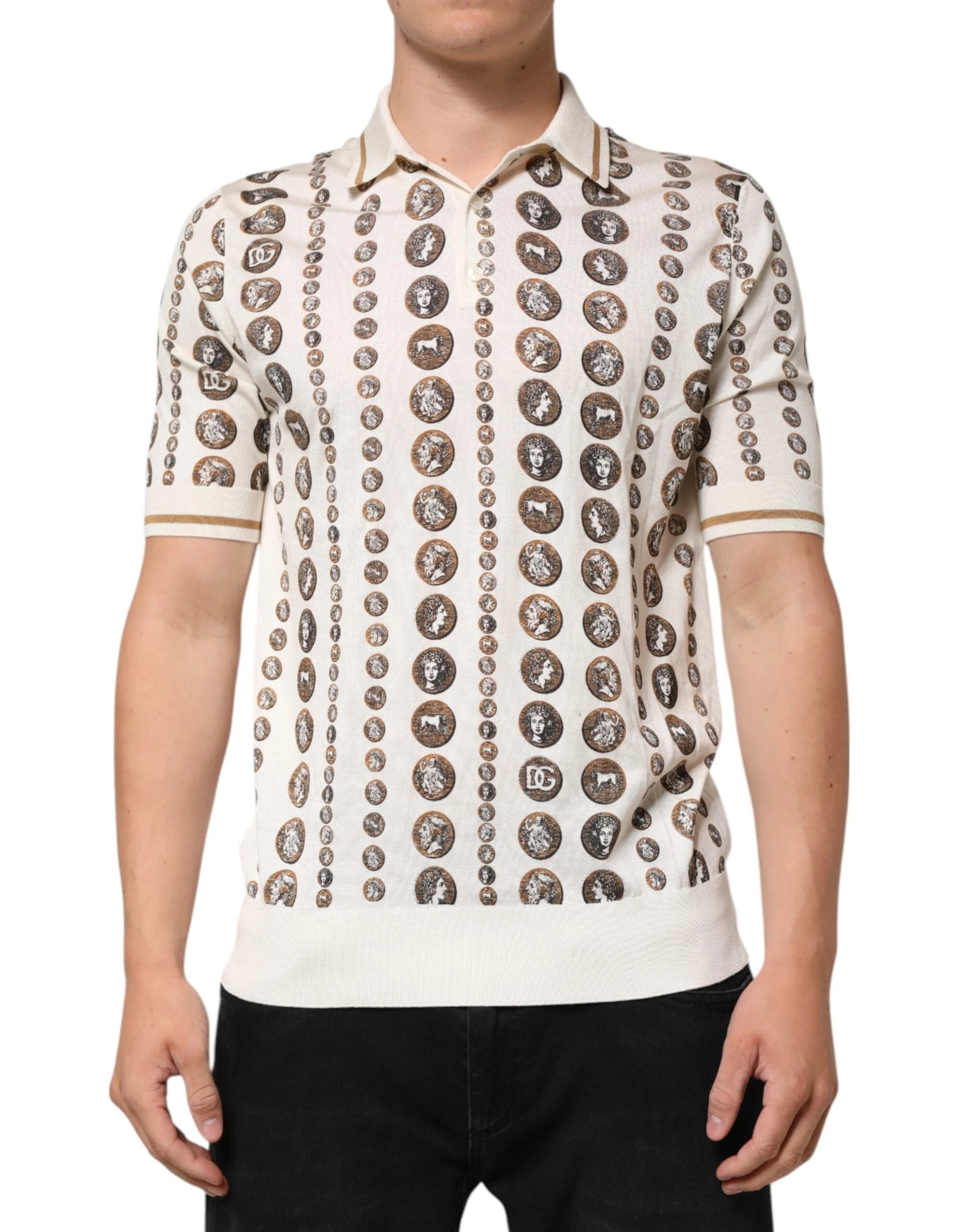 Dolce & Gabbana Silk Ivory Coin Print Logo Men Polo T-shirt - Polos