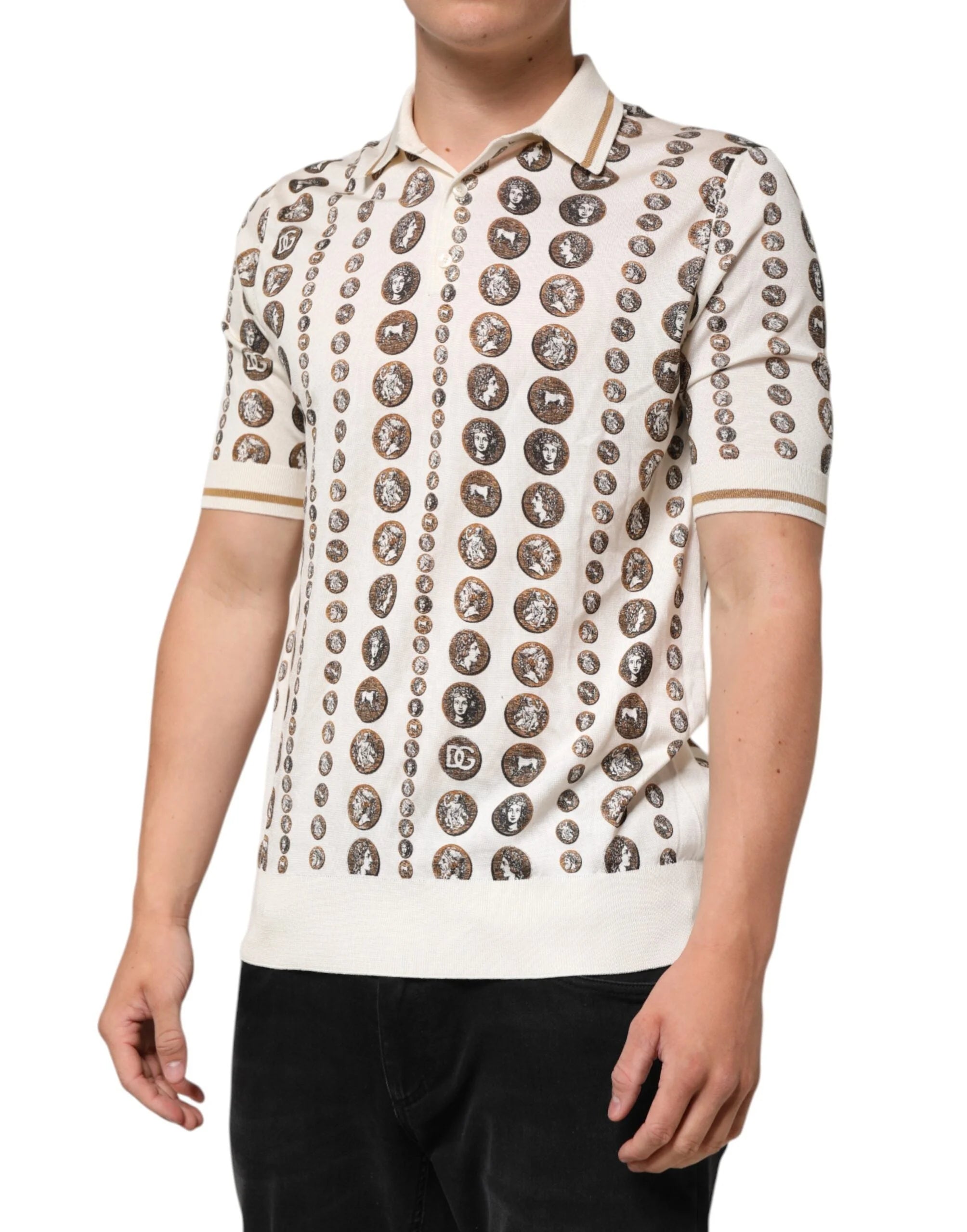 Dolce & Gabbana Silk Ivory Coin Print Logo Men Polo T-shirt - Polos