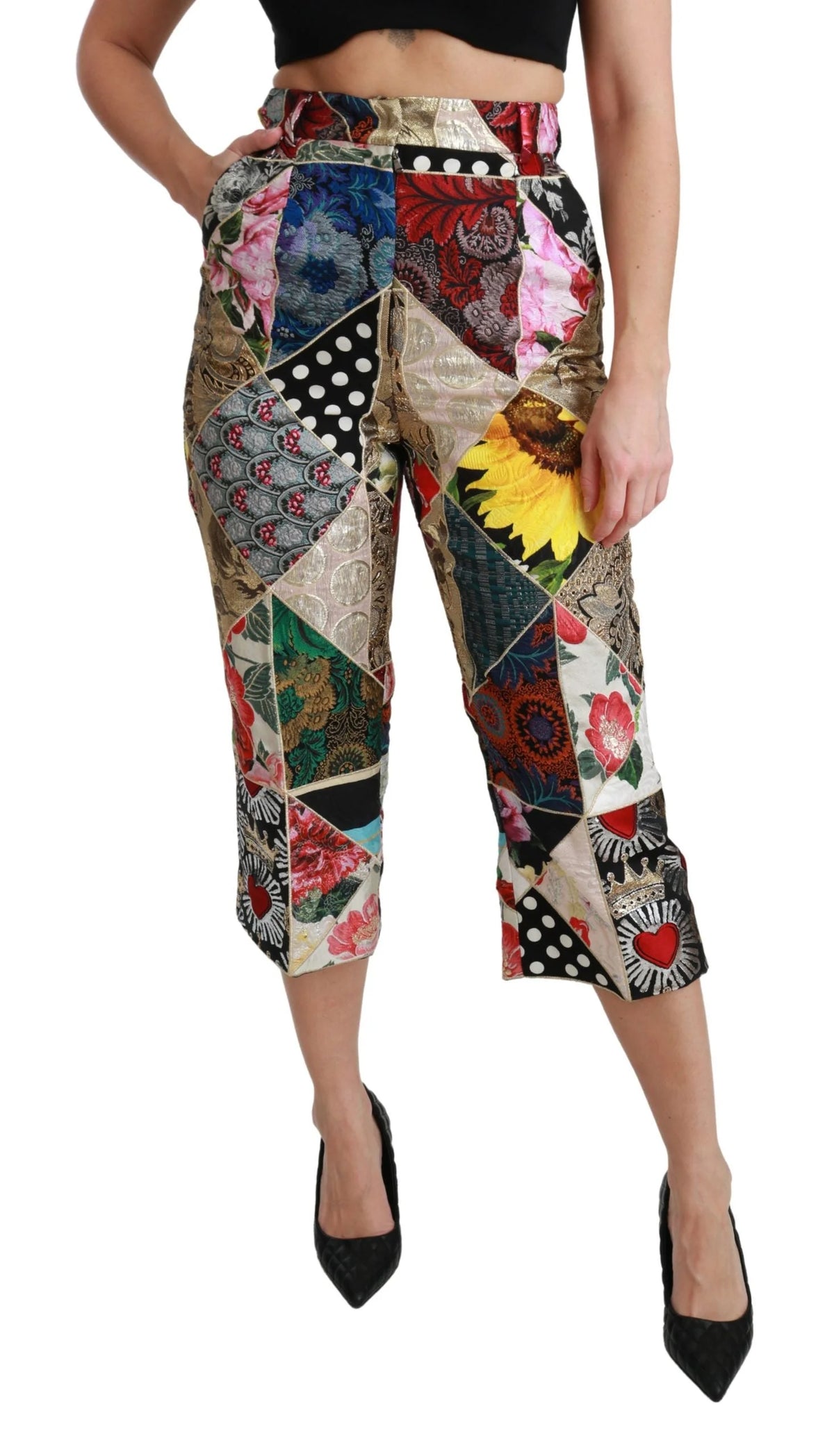 Dolce & Gabbana Silk Multicolor Print High Waist Cropped Pants - IT40|S - Trousers