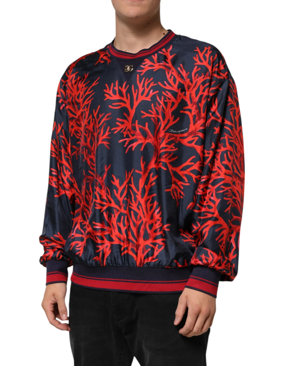 Dolce & Gabbana Silk Navy Red Coral Print Pullover Sweater - IT52 | XL - Sweaters