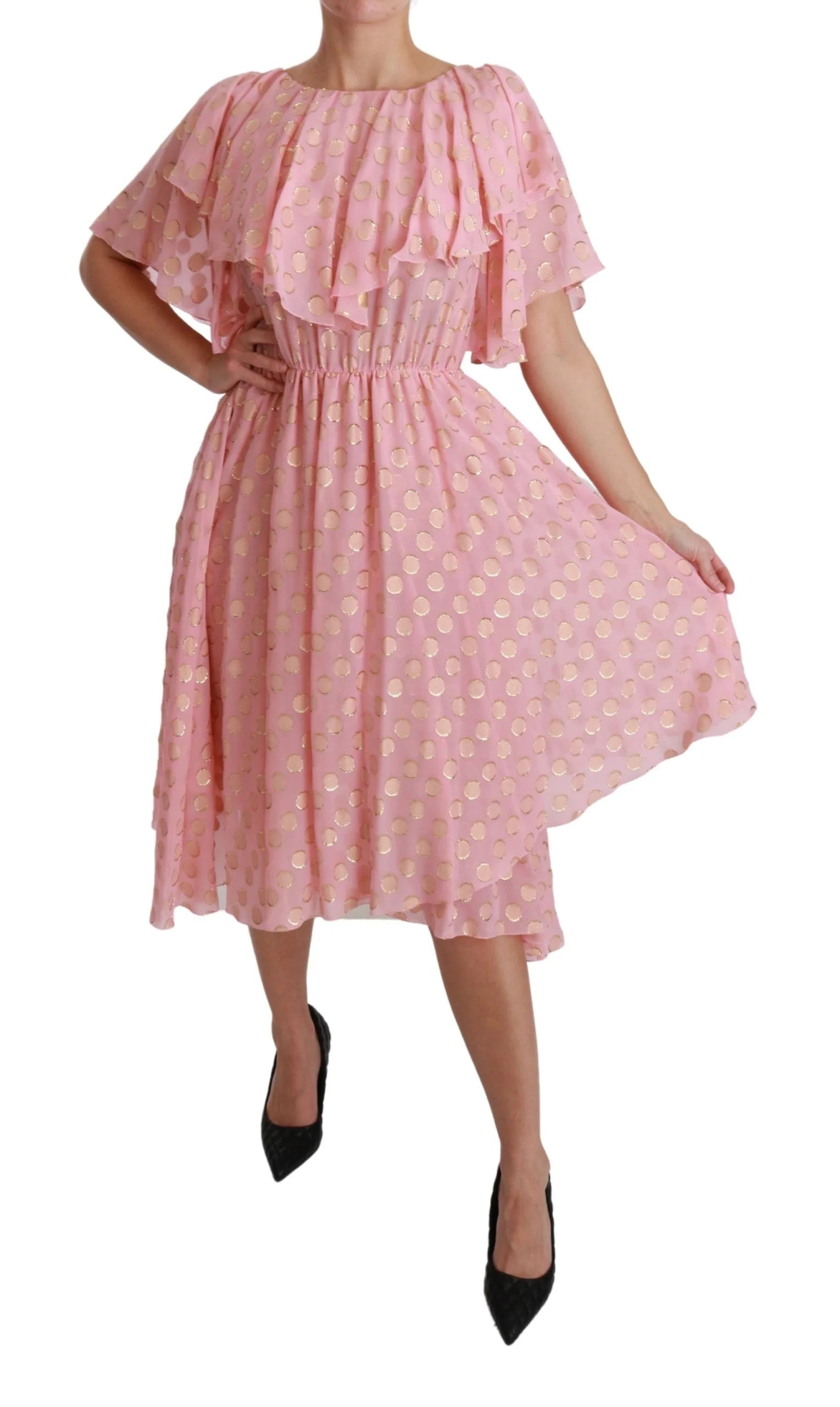 Dolce & Gabbana Silk Pink Polka Dots Pleated A-line Midi Dress - IT40|S - Dresses