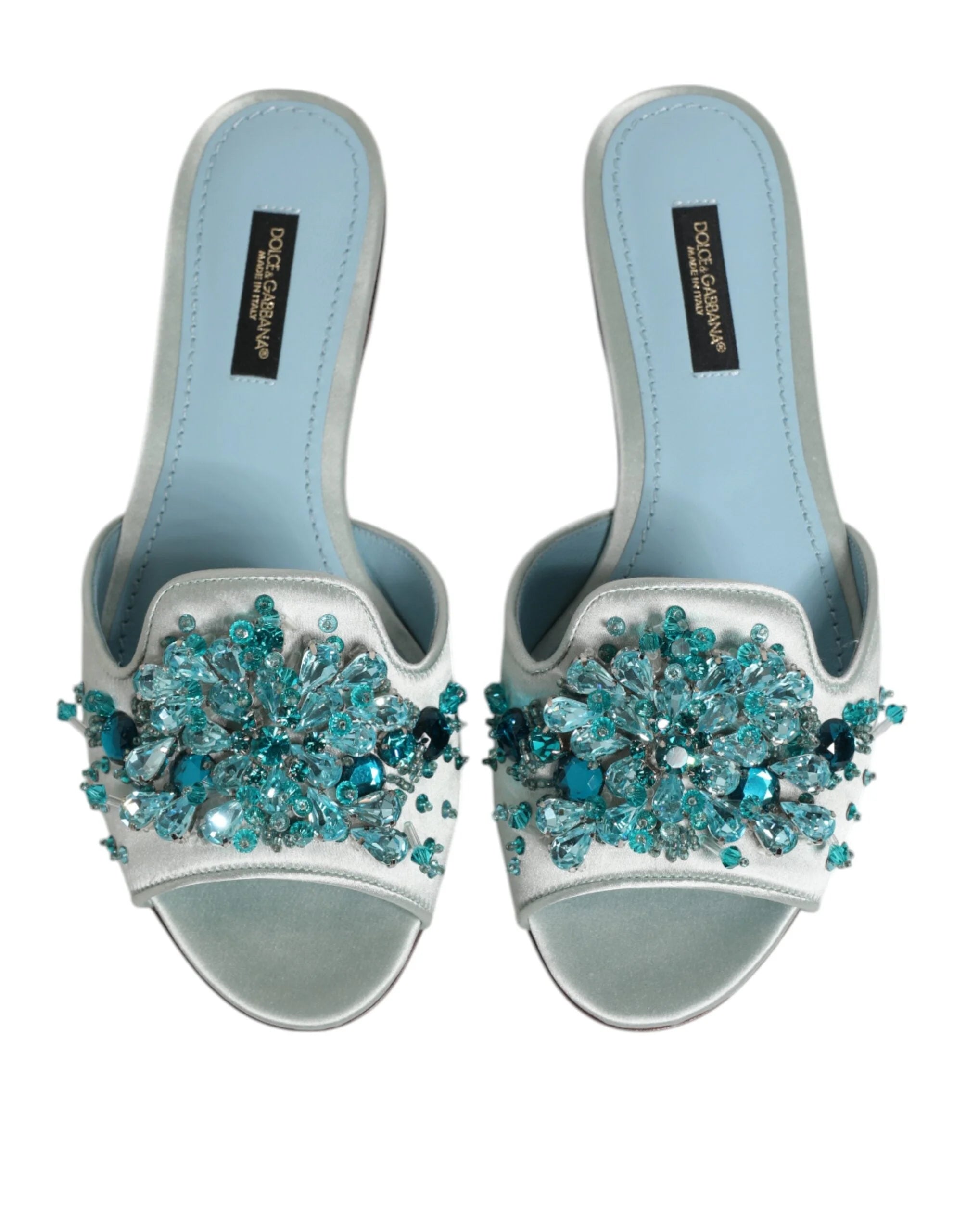 Dolce & Gabbana Silver Blue Leather Bead Embellish Slide Shoes - Sandals