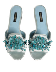 Dolce & Gabbana Silver Blue Leather Bead Embellish Slide Shoes - Sandals