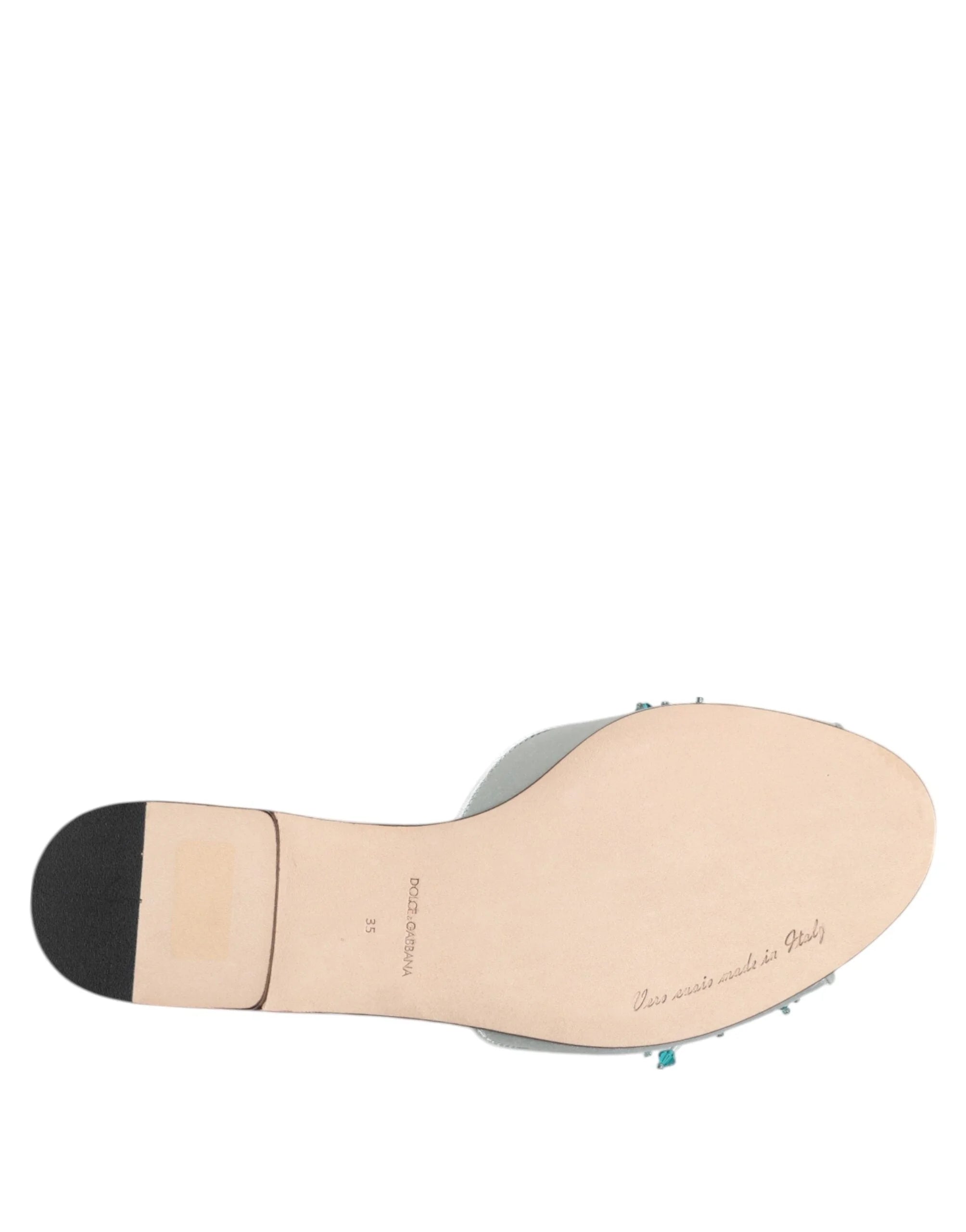 Dolce & Gabbana Silver Blue Leather Bead Embellish Slide Shoes - Sandals