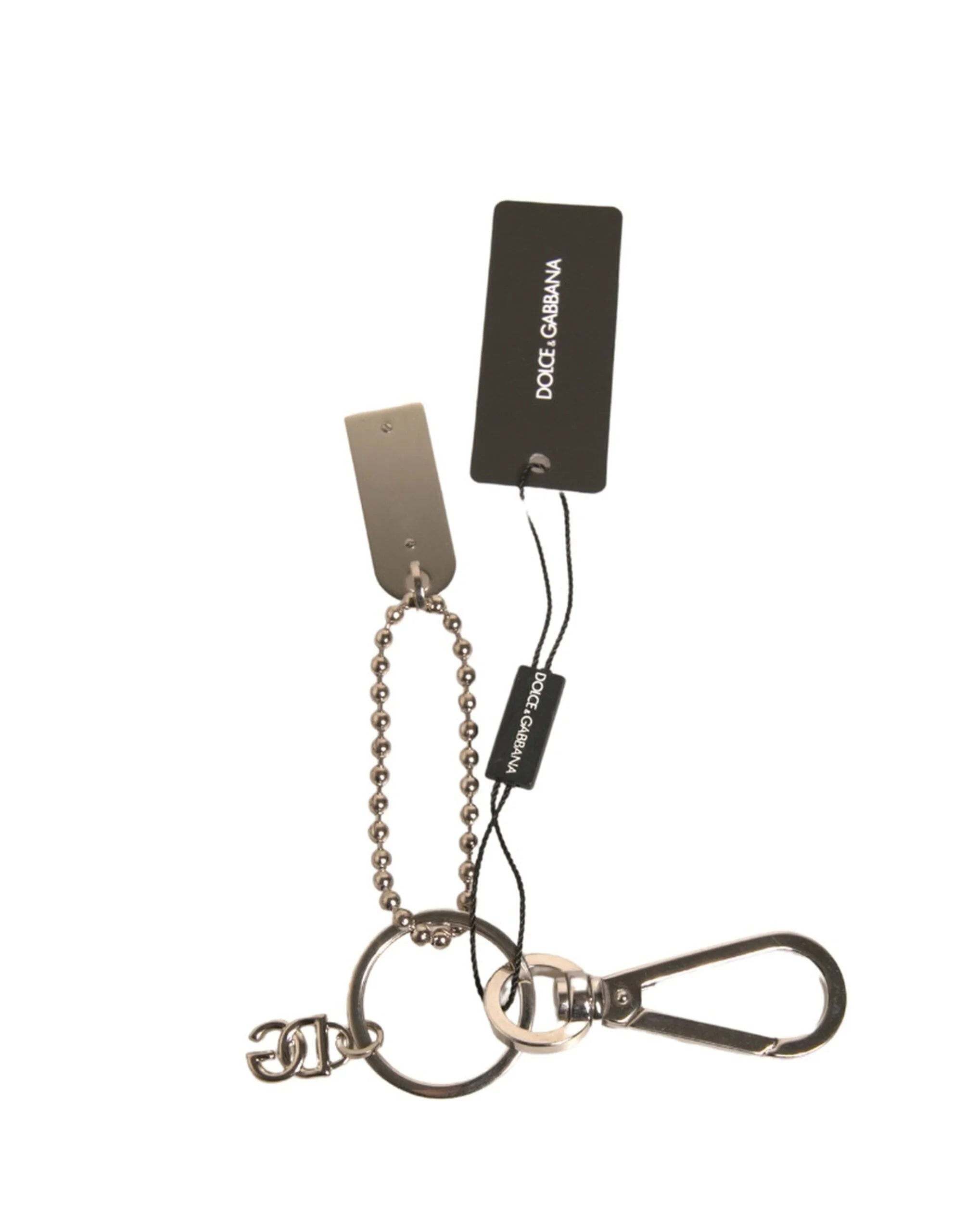Dolce & Gabbana Silver Brass Chain Beaded Logo Plaque Keychain Keyring - Keychains