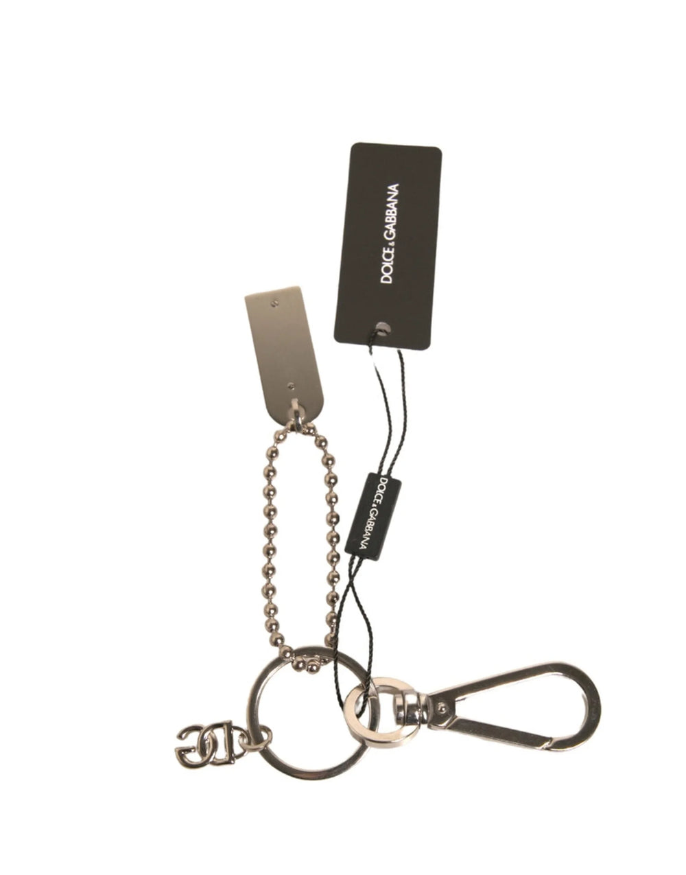 Dolce & Gabbana Silver Brass Chain Beaded Logo Plaque Keychain Keyring - Keychains