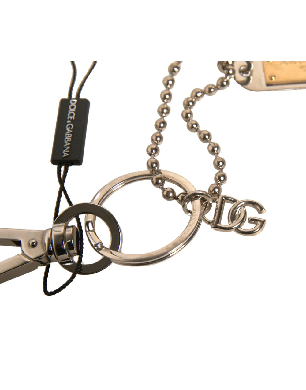 Dolce & Gabbana Silver Brass Chain Beaded Logo Plaque Keychain Keyring - Keychains
