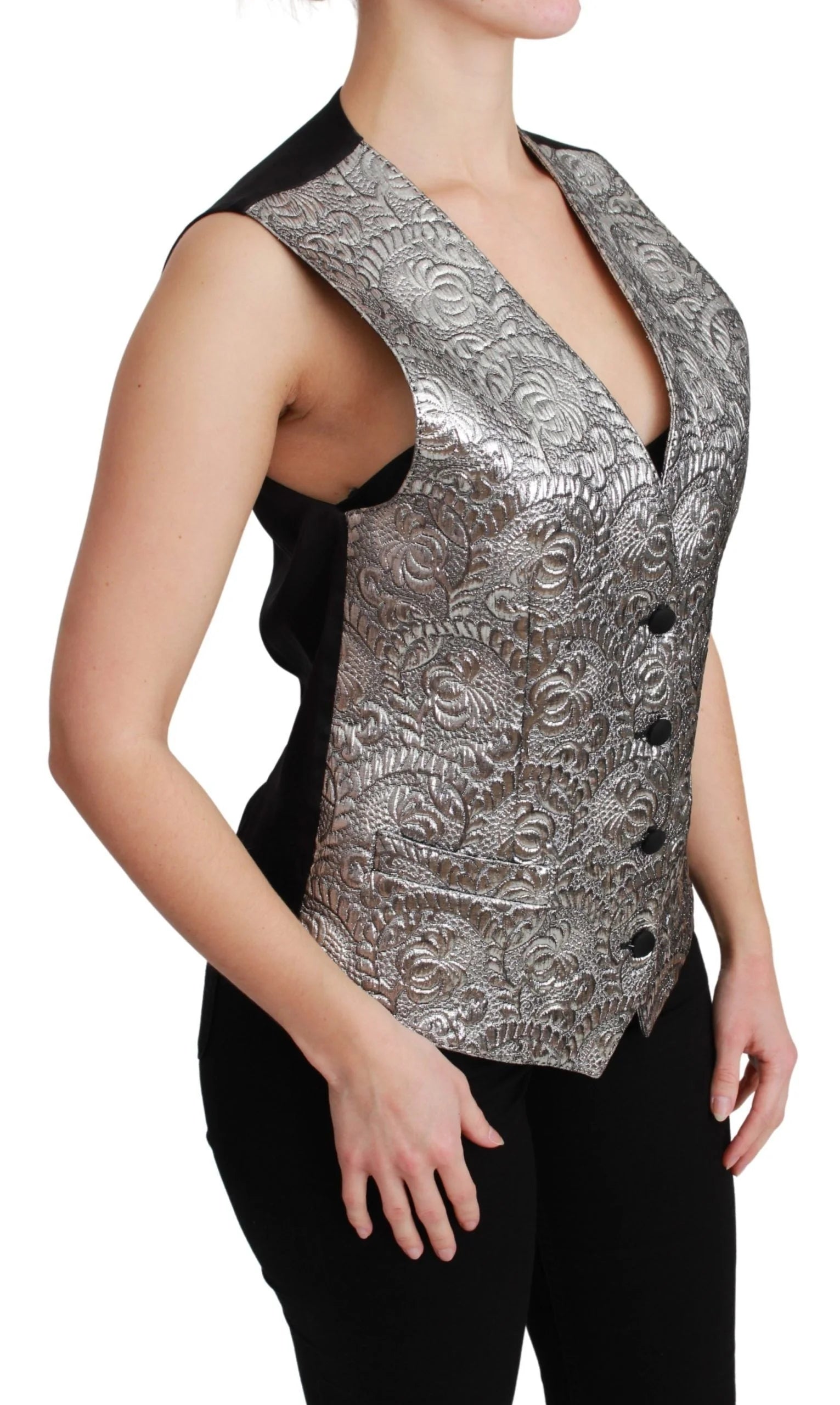 Dolce & Gabbana Silver Brocade Sleeveless Metallic Top - Vests