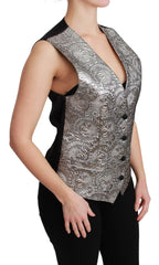Dolce & Gabbana Silver Brocade Sleeveless Metallic Top - Vests