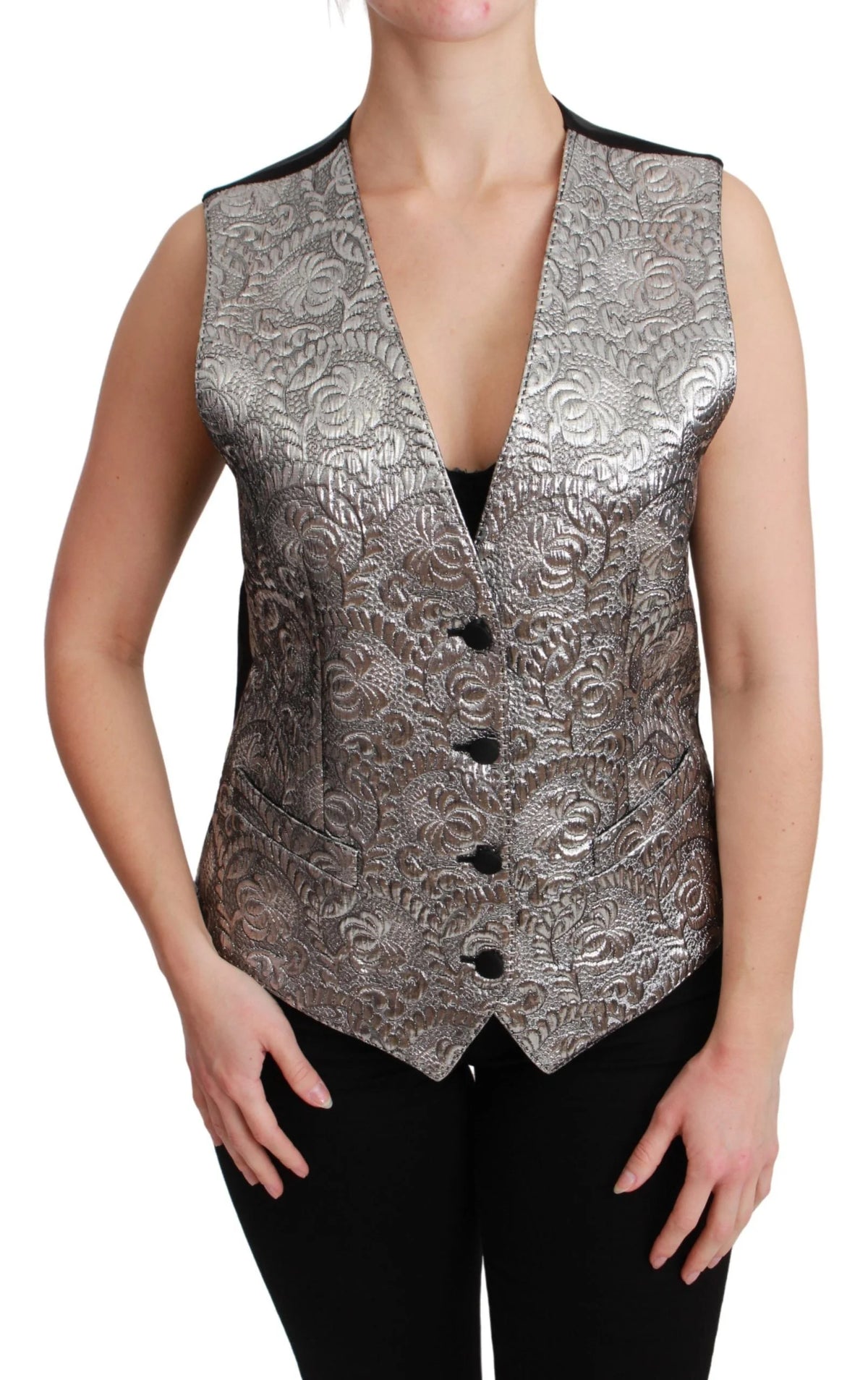 Dolce & Gabbana Silver Brocade Sleeveless Metallic Top - Vests