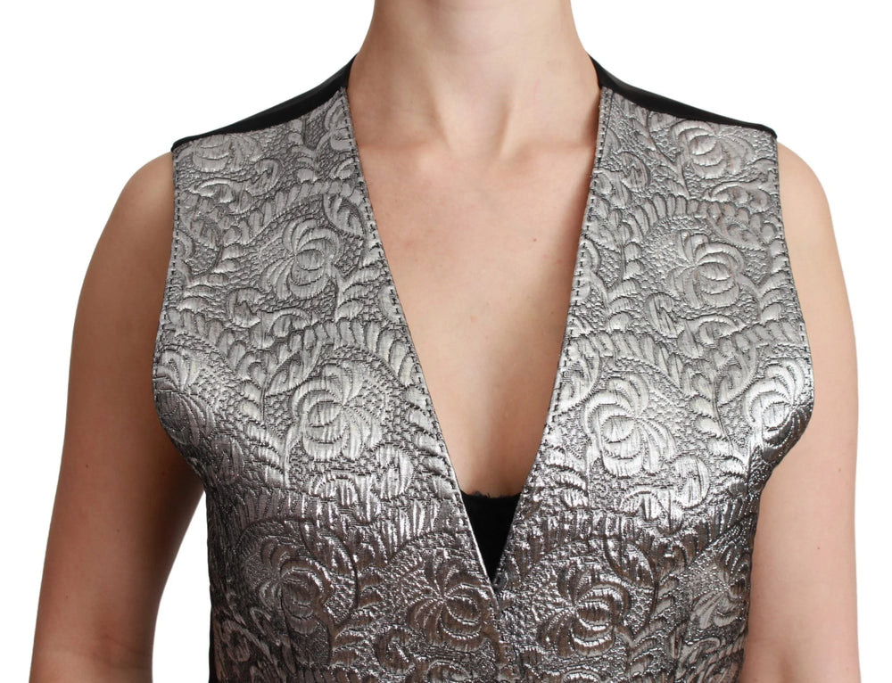 Dolce & Gabbana Silver Brocade Sleeveless Metallic Top - Vests