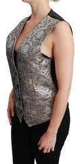 Dolce & Gabbana Silver Brocade Sleeveless Metallic Top - Vests