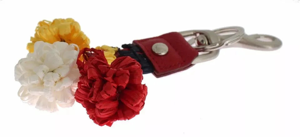 Dolce & Gabbana Silver Brown Raffia Leather Clasp Finder Chain Keyring - Keychains