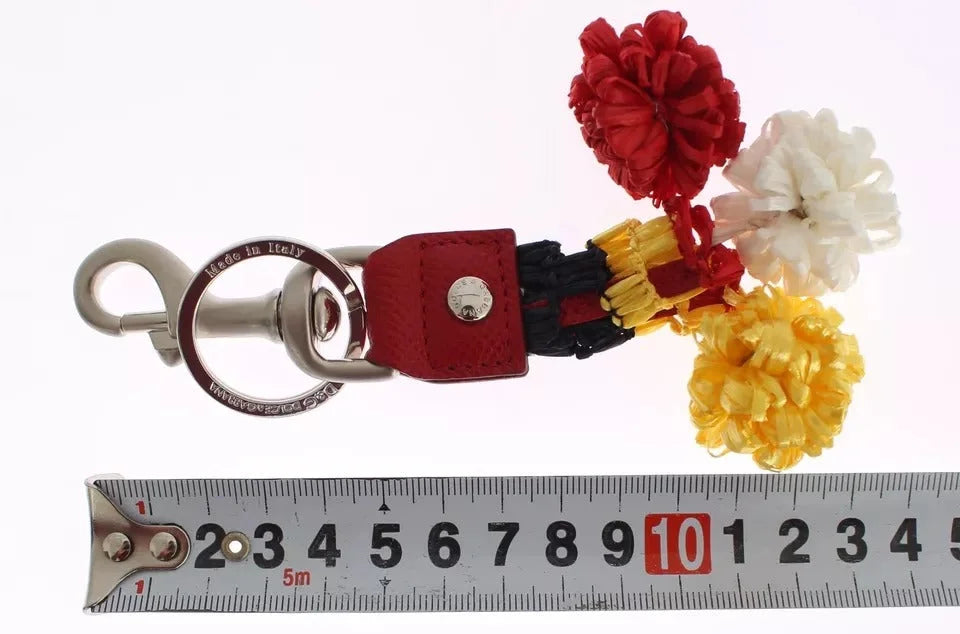 Dolce & Gabbana Silver Brown Raffia Leather Clasp Finder Chain Keyring - Keychains