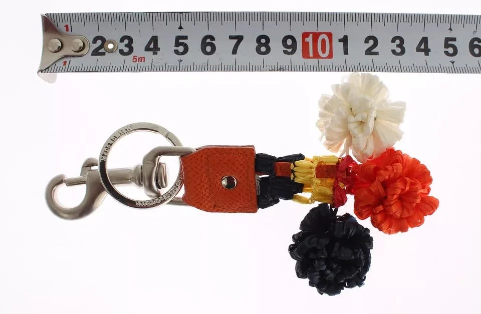 Dolce & Gabbana Silver Brown Raffia Leather Clasp Finder Chain Keyring - Keychains