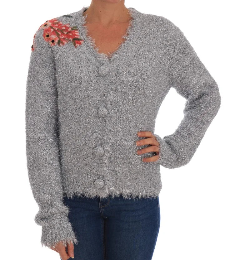 Dolce & Gabbana Silver Cardigan Floral Applique Sweater - IT44|L - Cardigans
