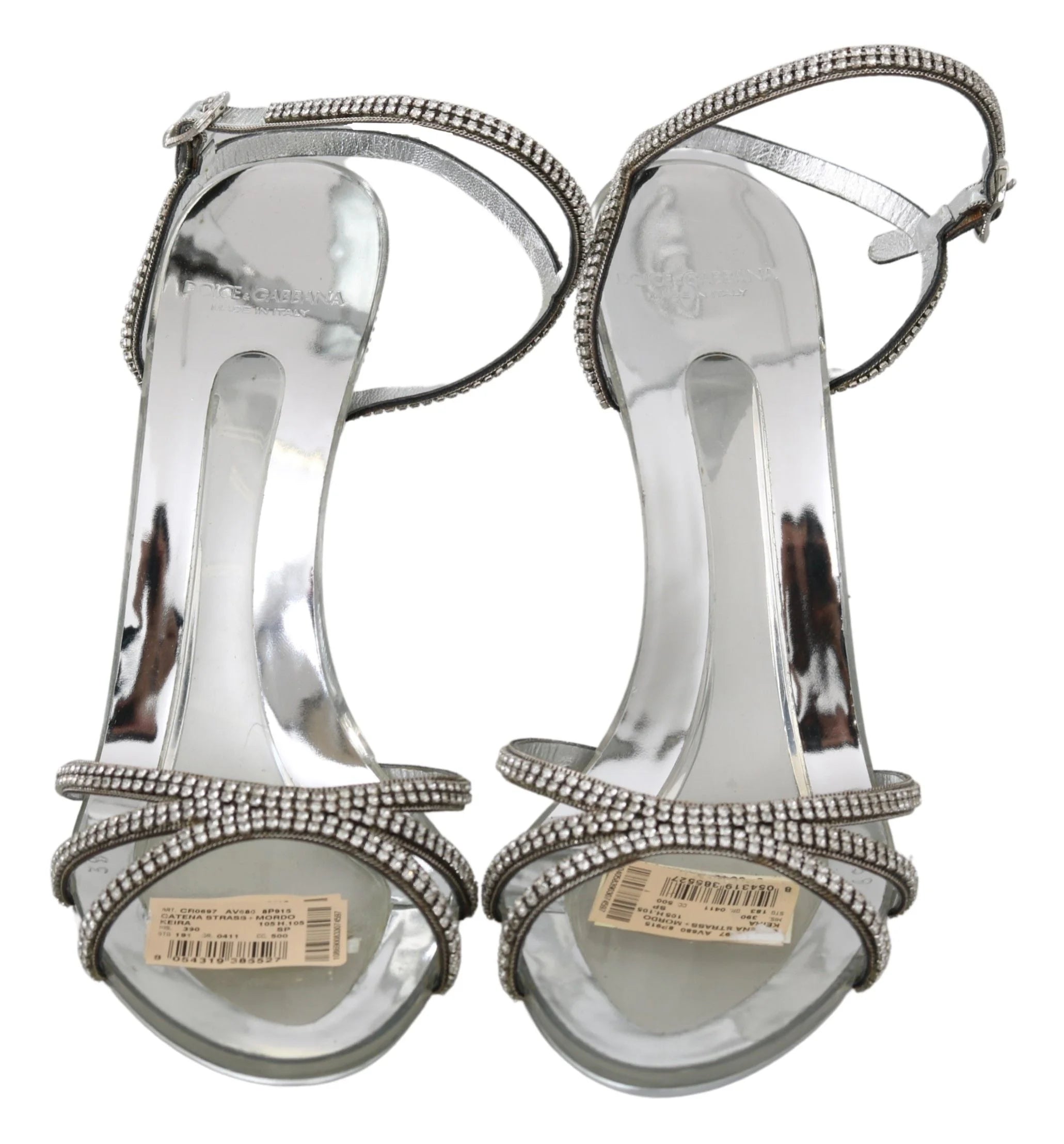 Dolce & Gabbana Silver Crystal Ankle Strap Sandals Shoes - EU39/US8.5