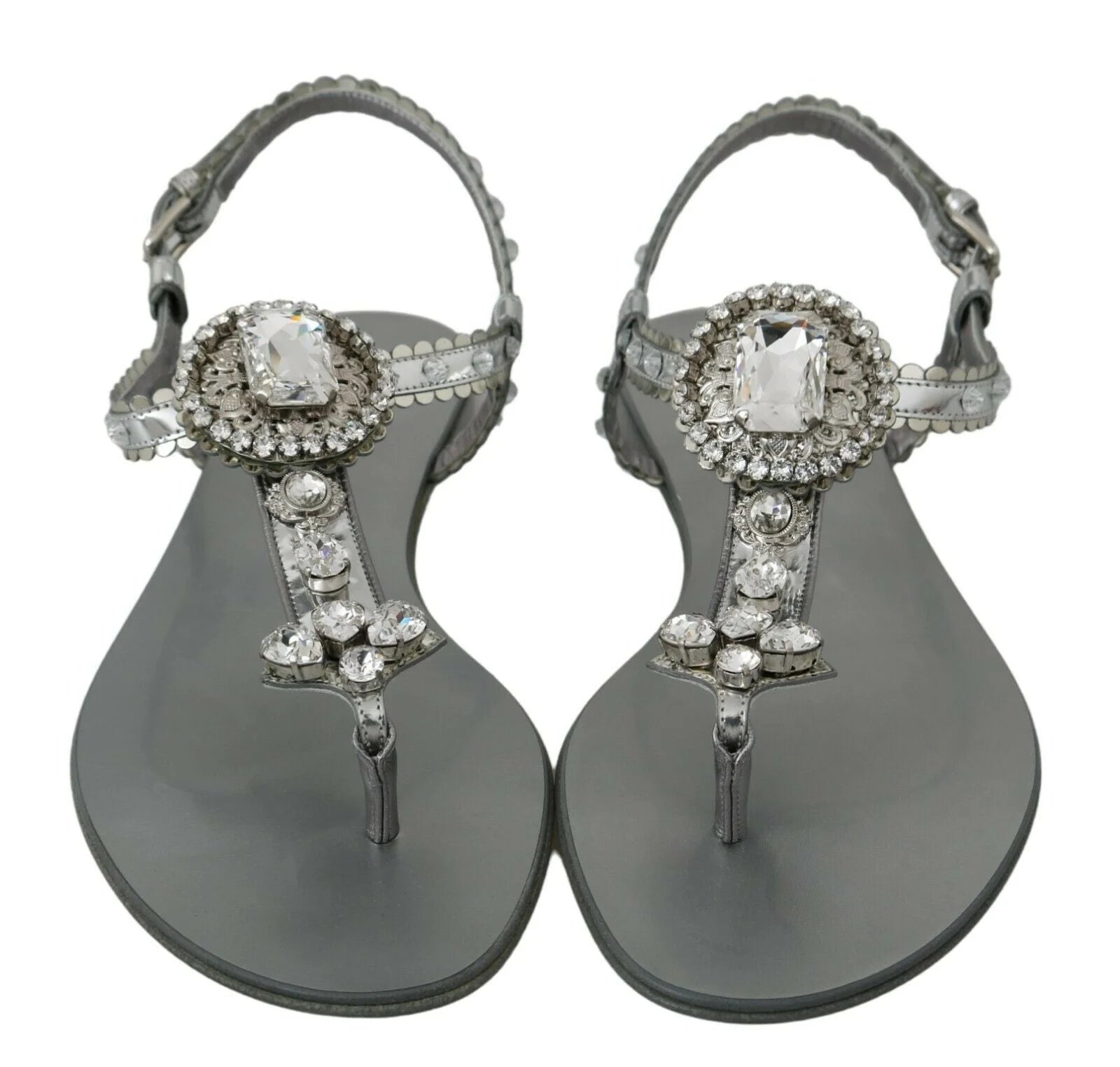 Dolce & Gabbana Silver Crystal Sandals Flip Flops Shoes - Sandals