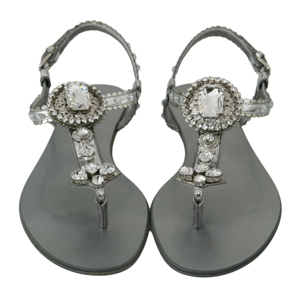 Dolce & Gabbana Silver Crystal Sandals Flip Flops Shoes - Sandals