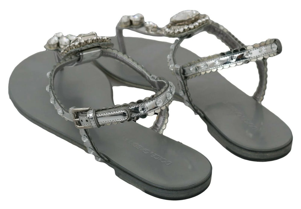 Dolce & Gabbana Silver Crystal Sandals Flip Flops Shoes - Sandals