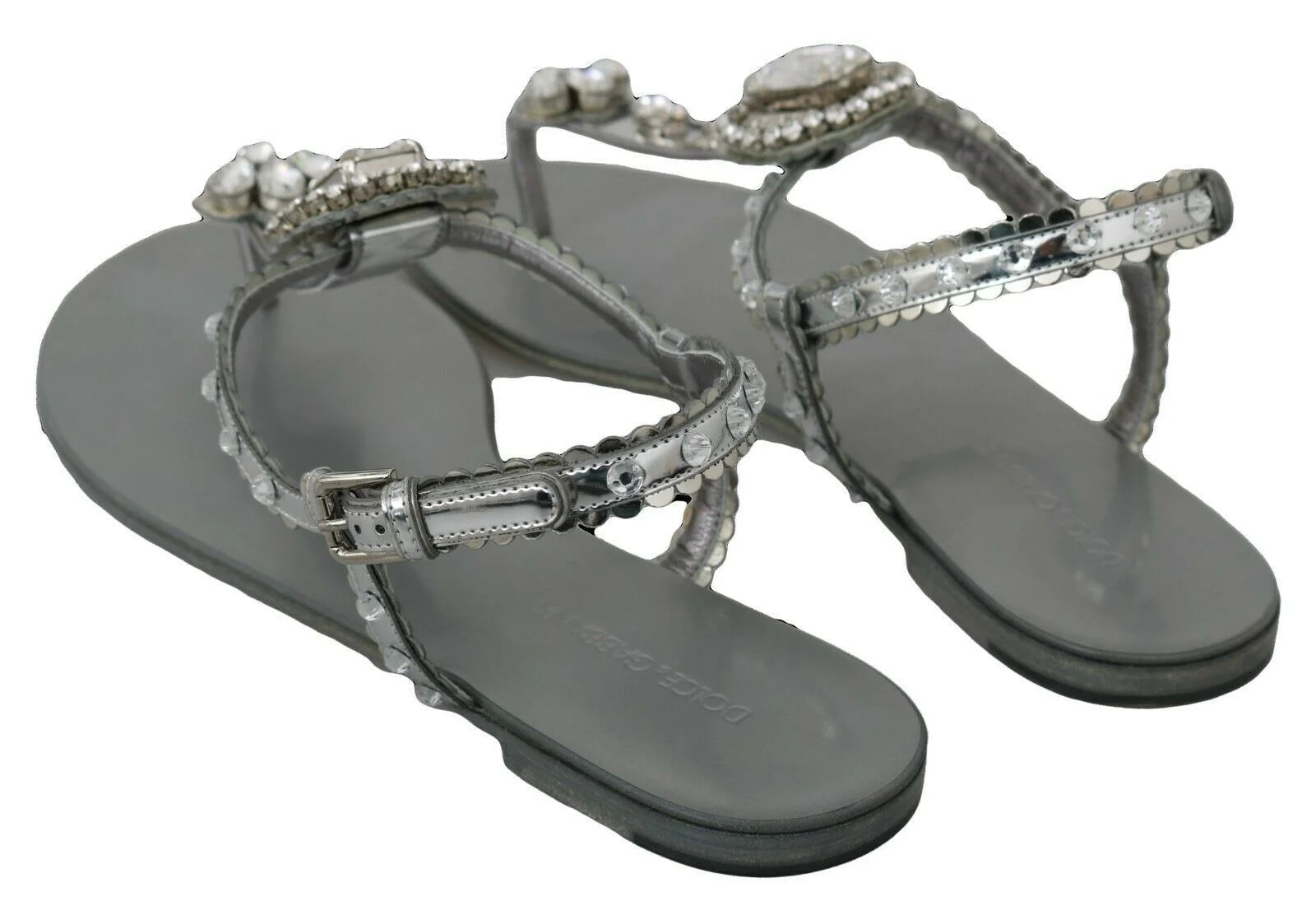 Dolce & Gabbana Silver Crystal Sandals Flip Flops Shoes - EU37/US6.5
