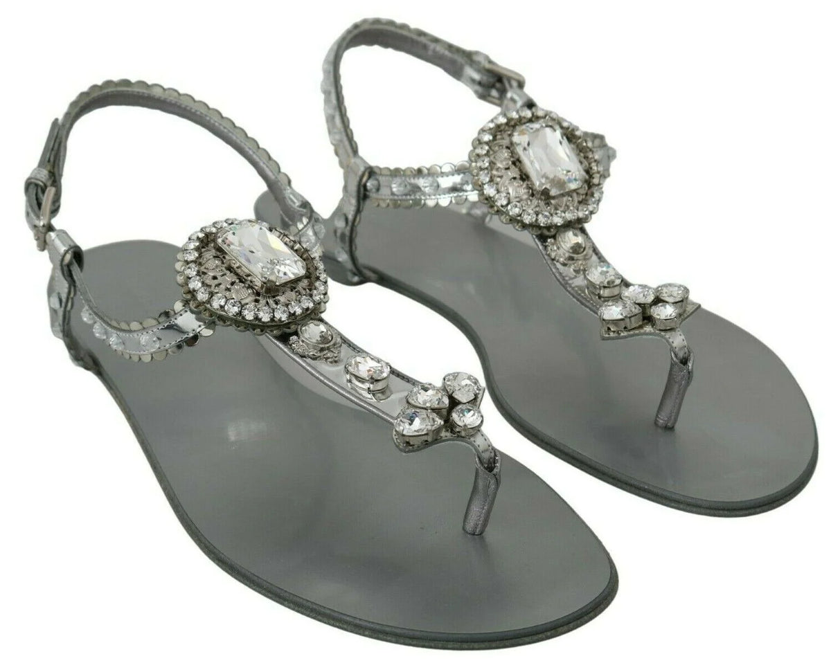 Dolce & Gabbana Silver Crystal Sandals Flip Flops Shoes - EU37/US6.5
