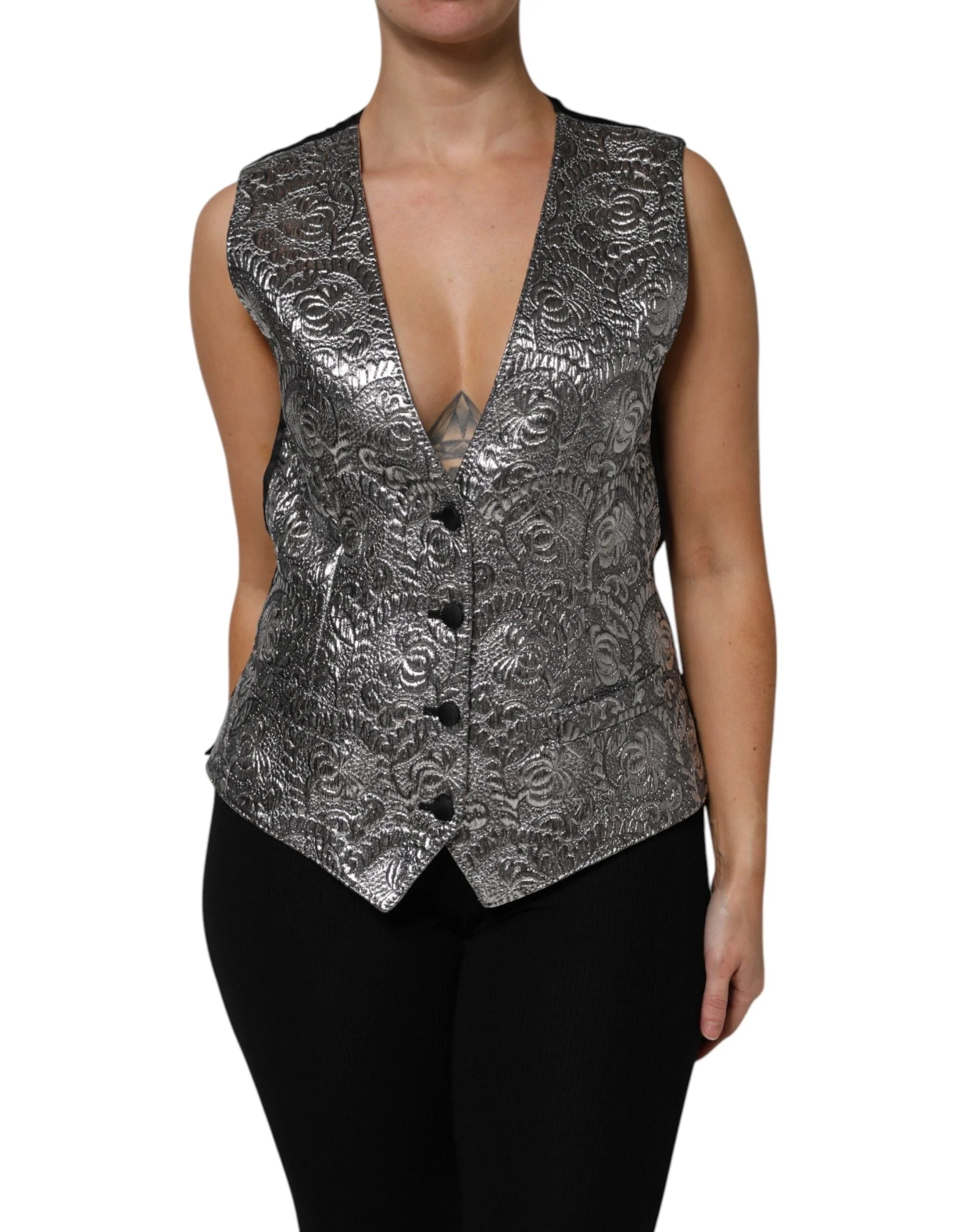 Dolce & Gabbana Silver Floral Jacquard Sleeveless Vest Top - IT40|S - Vests