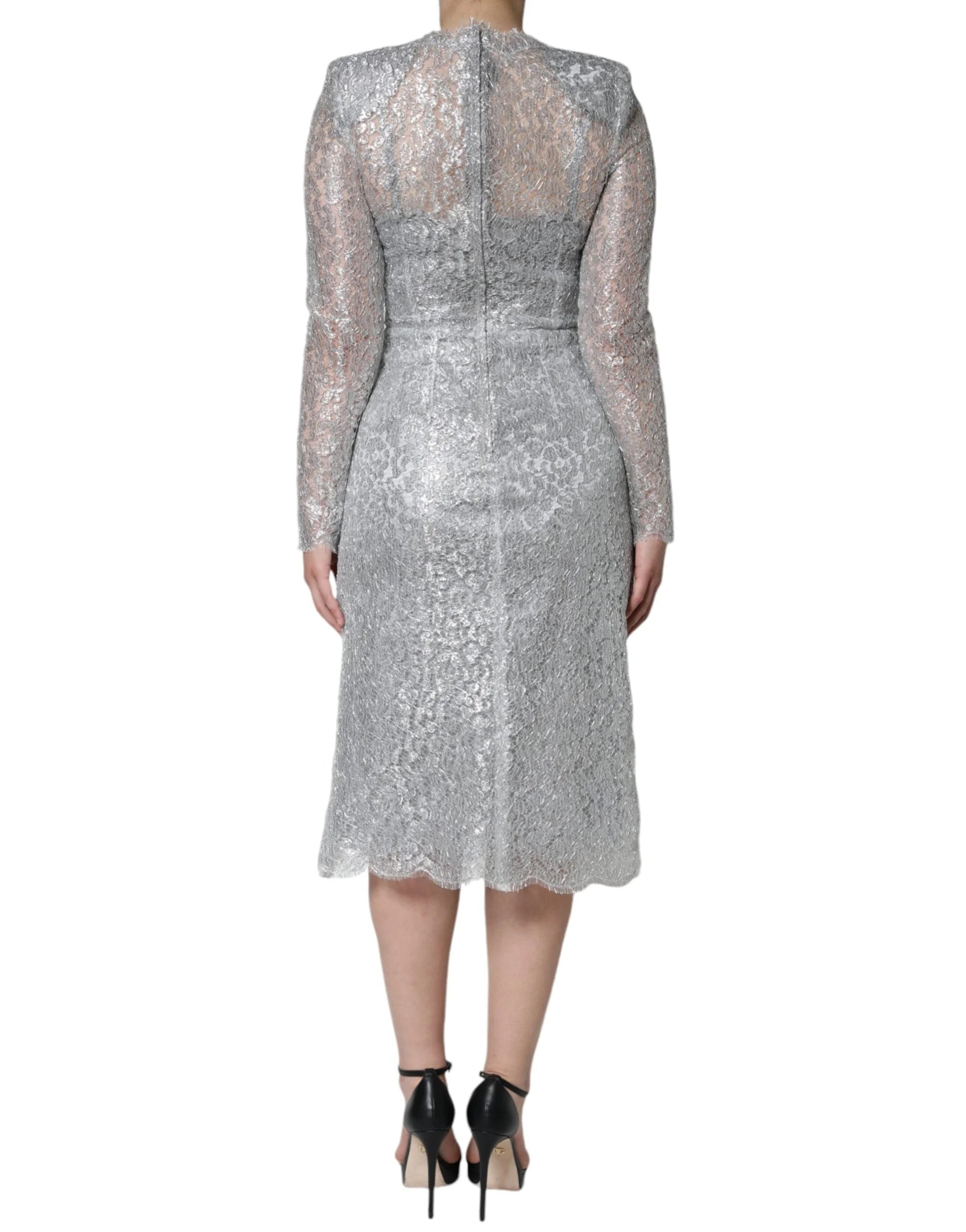 Dolce & Gabbana Silver Floral Lace Bodycon Sheath Midi Dress - IT40|S - Dresses
