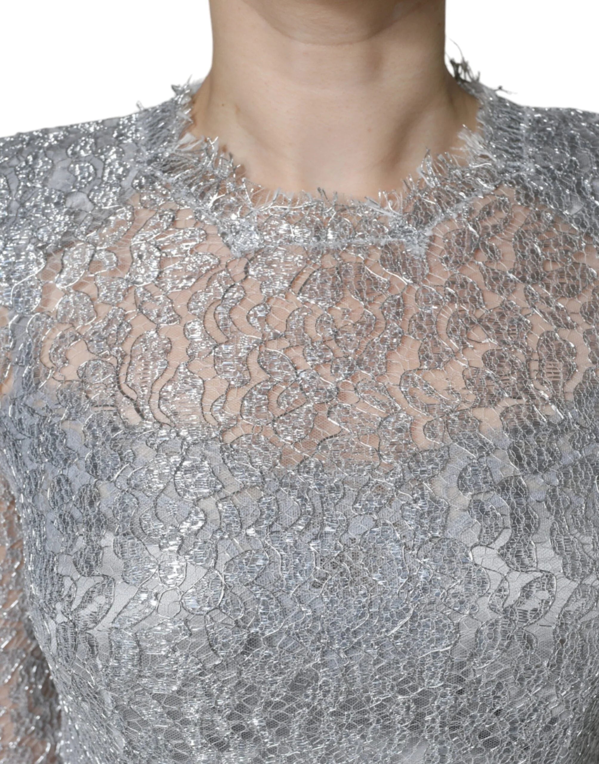 Dolce & Gabbana Silver Floral Lace Bodycon Sheath Midi Dress - IT40|S - Dresses
