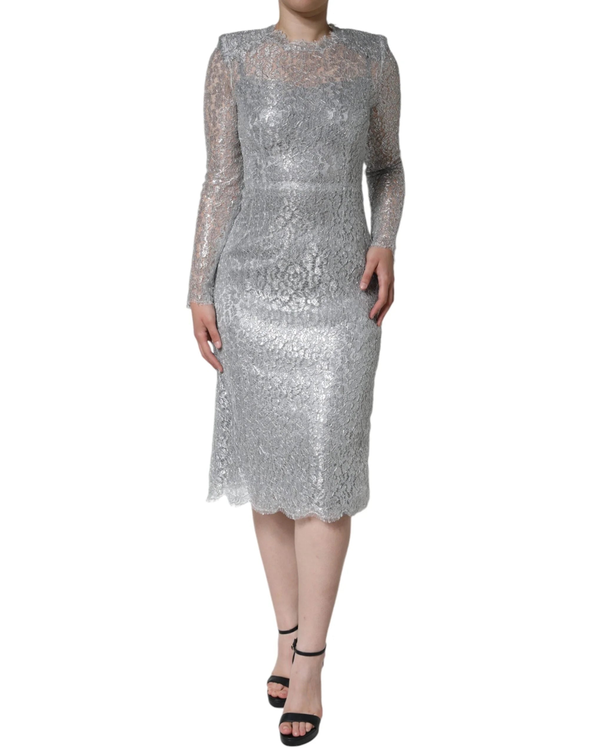 Dolce & Gabbana Silver Floral Lace Bodycon Sheath Midi Dress - IT40|S - Dresses
