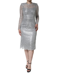 Dolce & Gabbana Silver Floral Lace Bodycon Sheath Midi Dress - IT40|S - Dresses