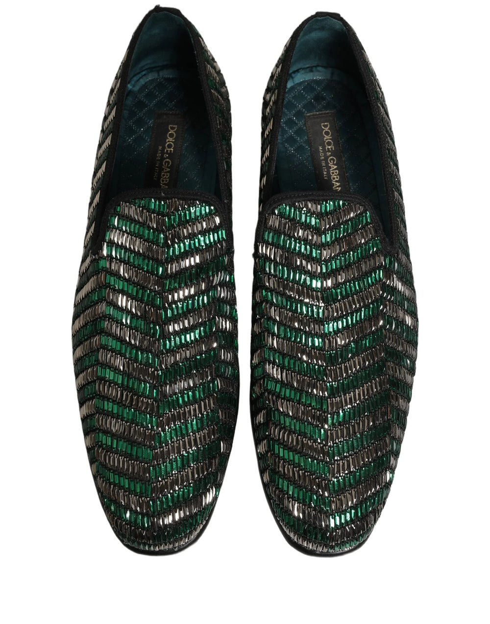 Dolce & Gabbana Slipper mit silbernen und grünen Verzierungen – EU44/US11