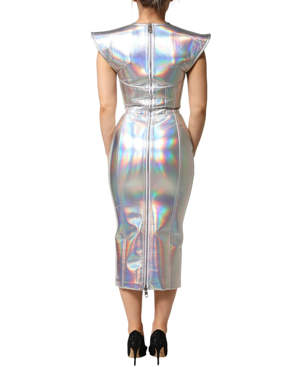 Dolce & Gabbana Silver Iridescent Bodycon Sheath Midi Dress