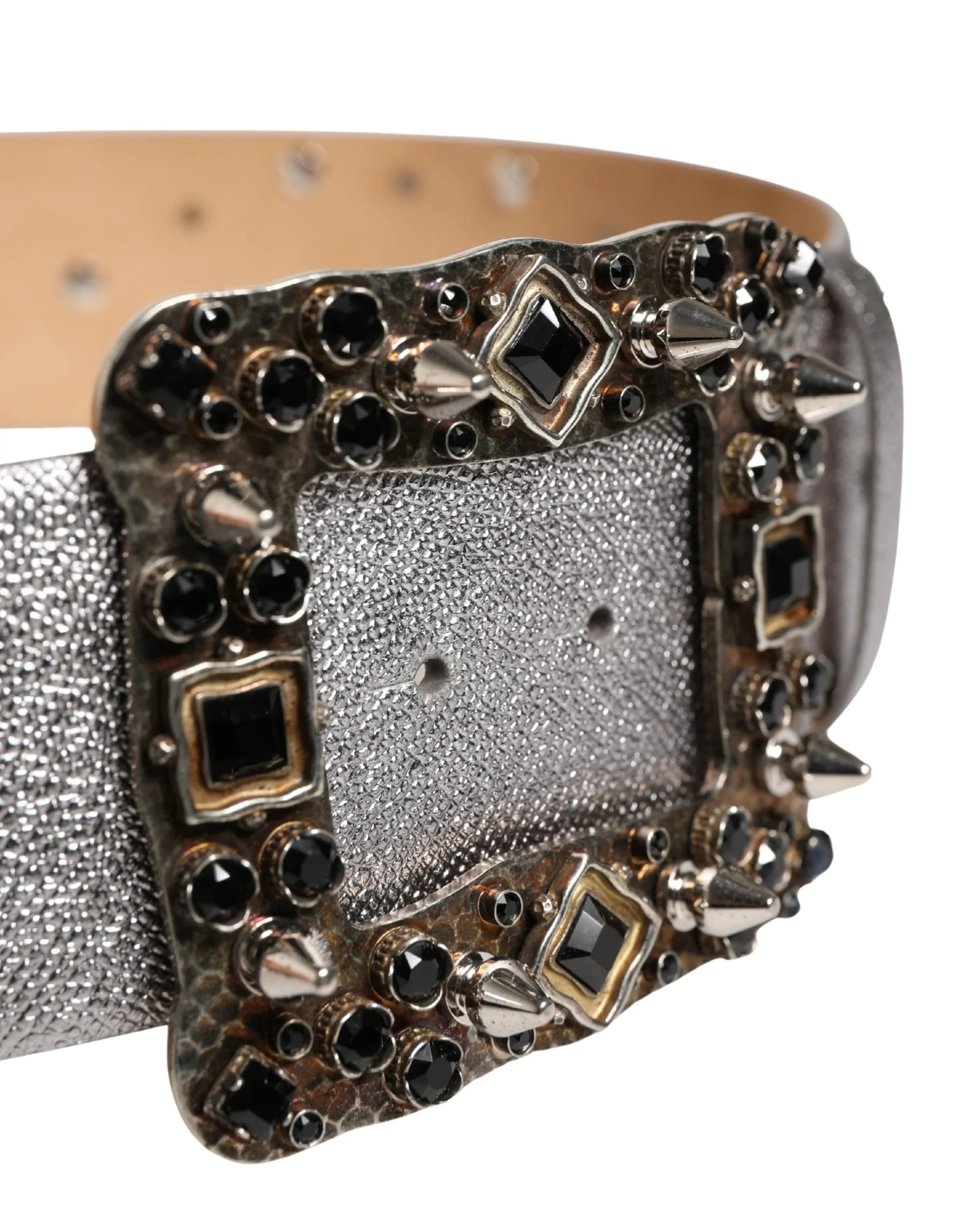 Dolce & Gabbana Silver Leather Crystal Metal Buckle Belt