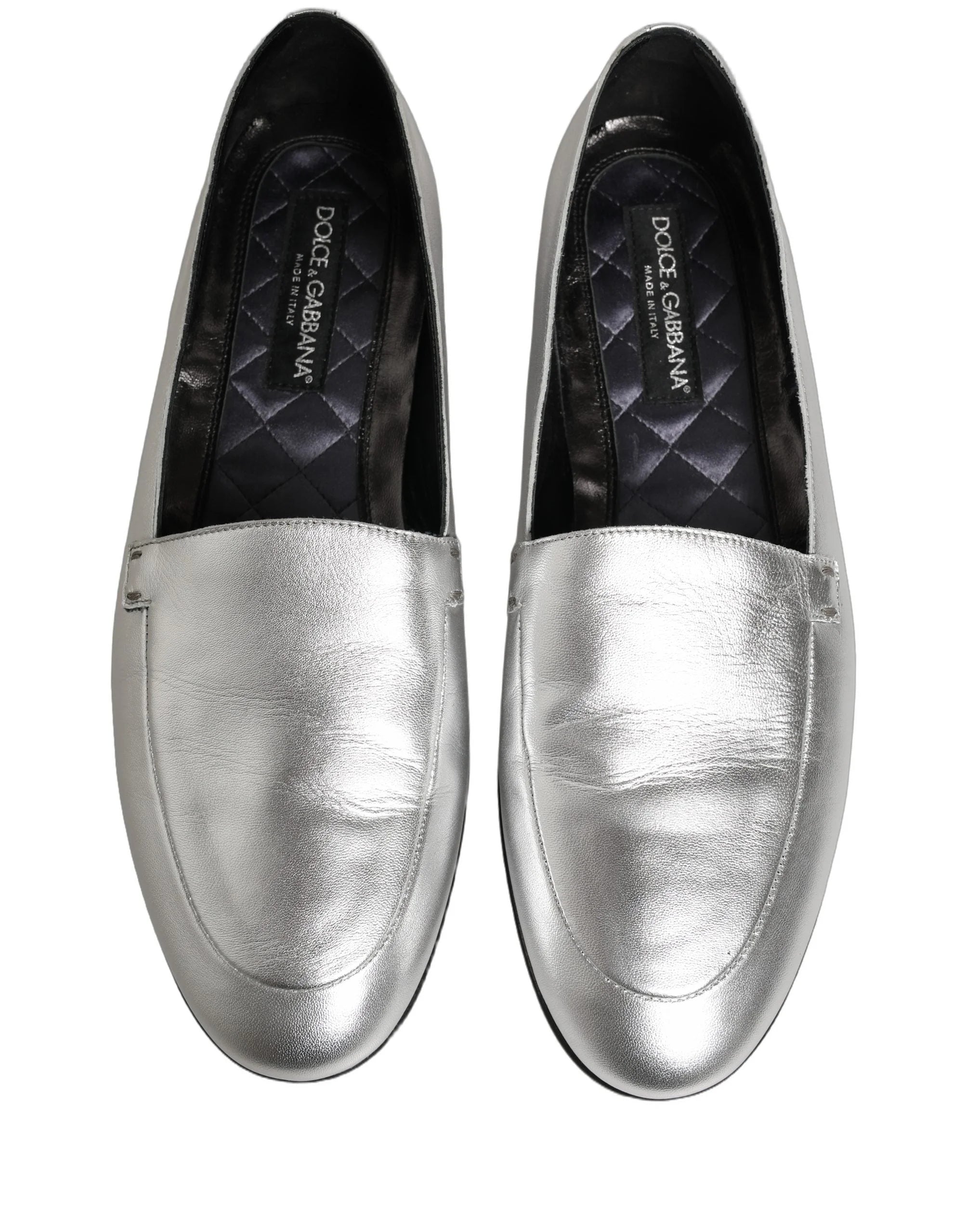 Dolce & Gabbana Silver Leather DG Logo Slip On Loafers Shoes