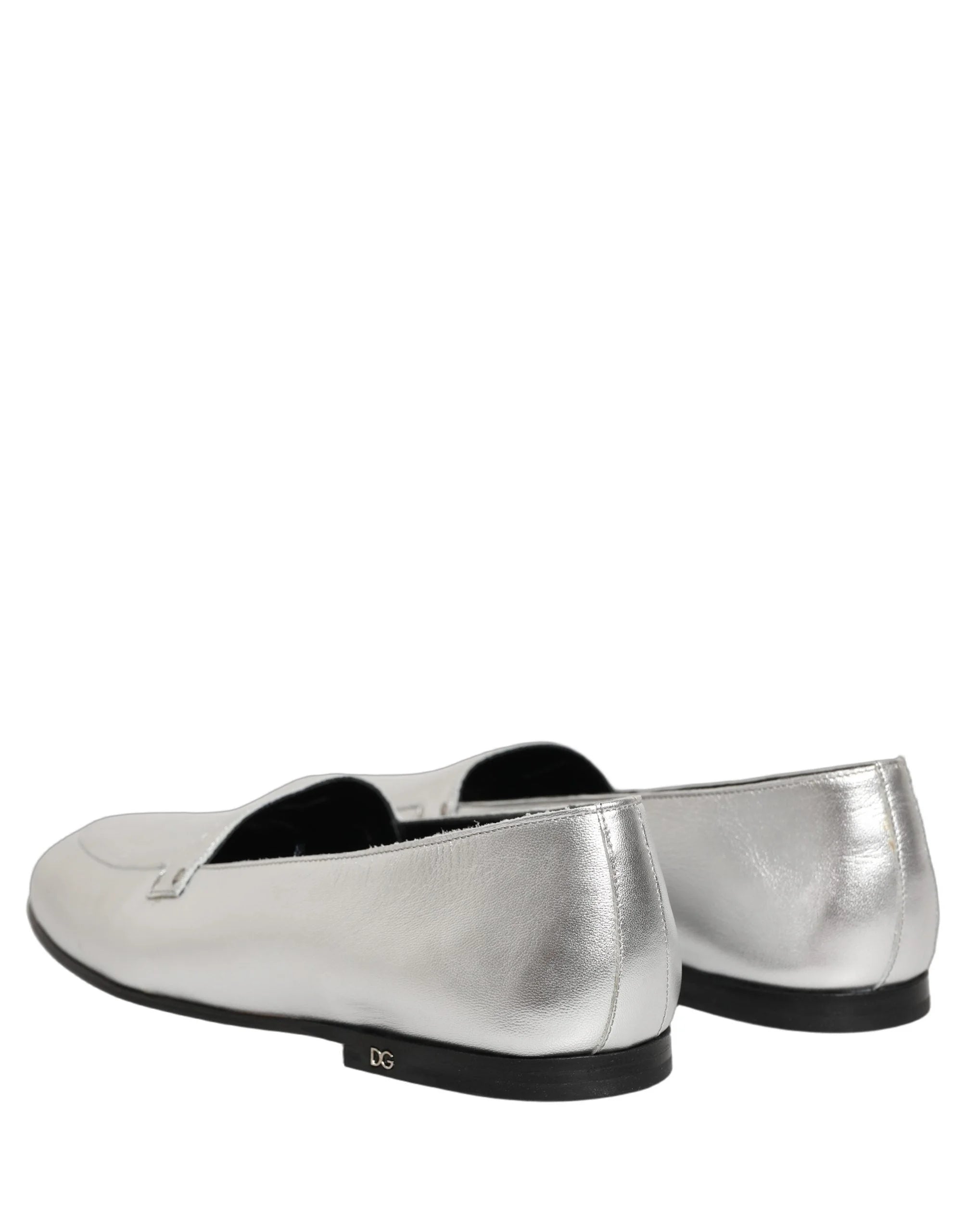 Dolce & Gabbana Silver Leather DG Logo Slip On Loafers Shoes