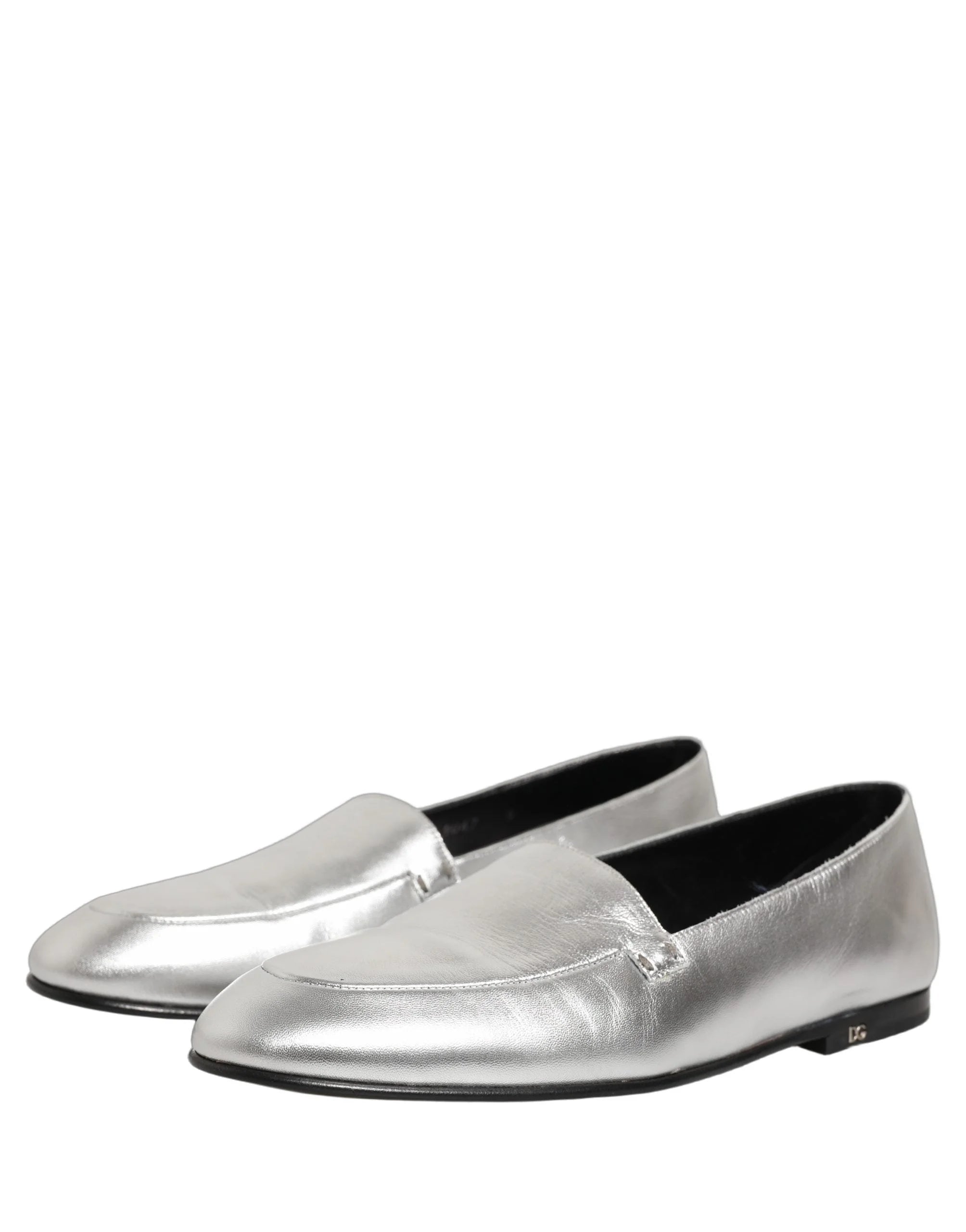 Dolce & Gabbana Silver Leather DG Logo Slip On Loafers Shoes