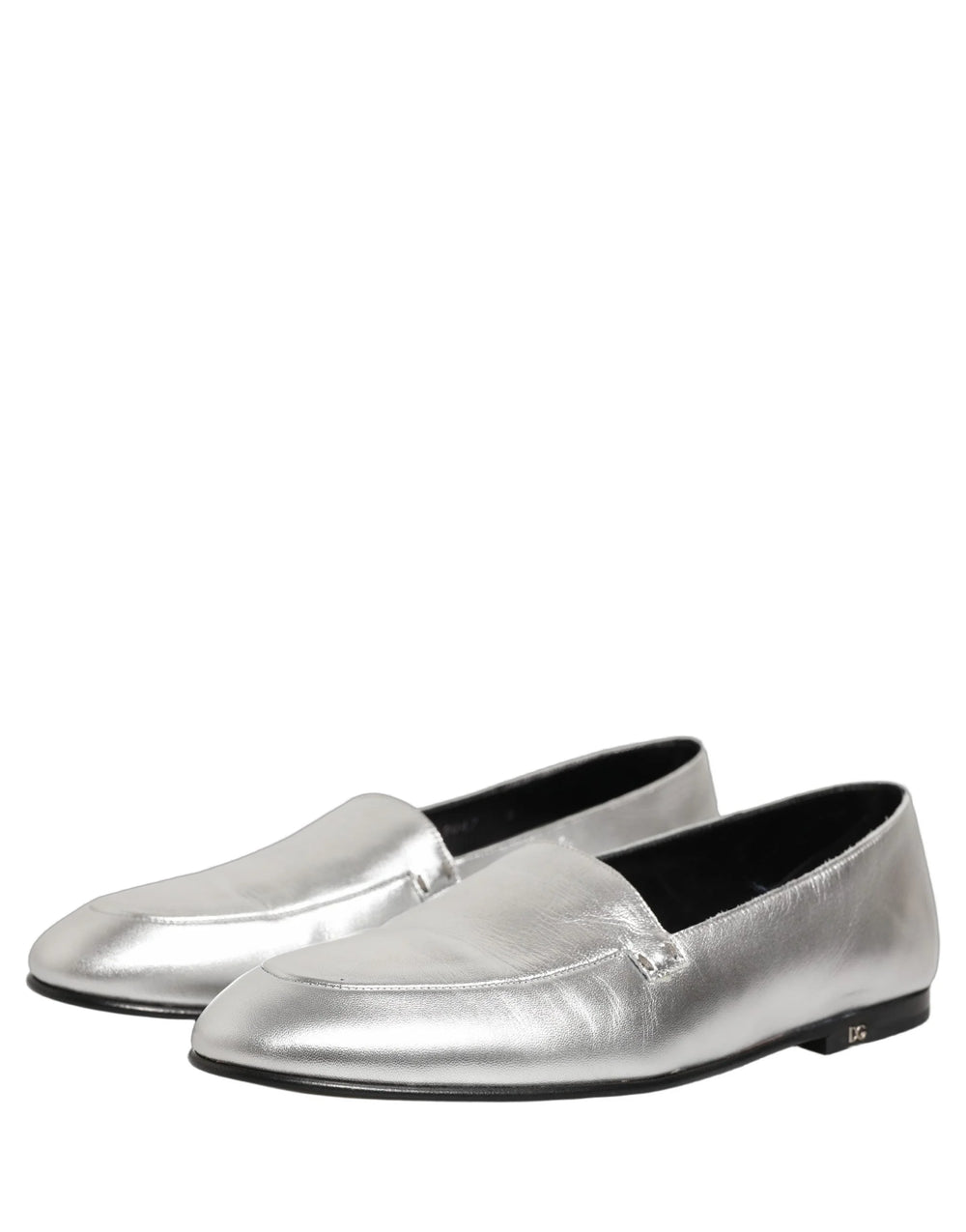 Dolce & Gabbana Silver Leather DG Logo Slip On Loafers Shoes