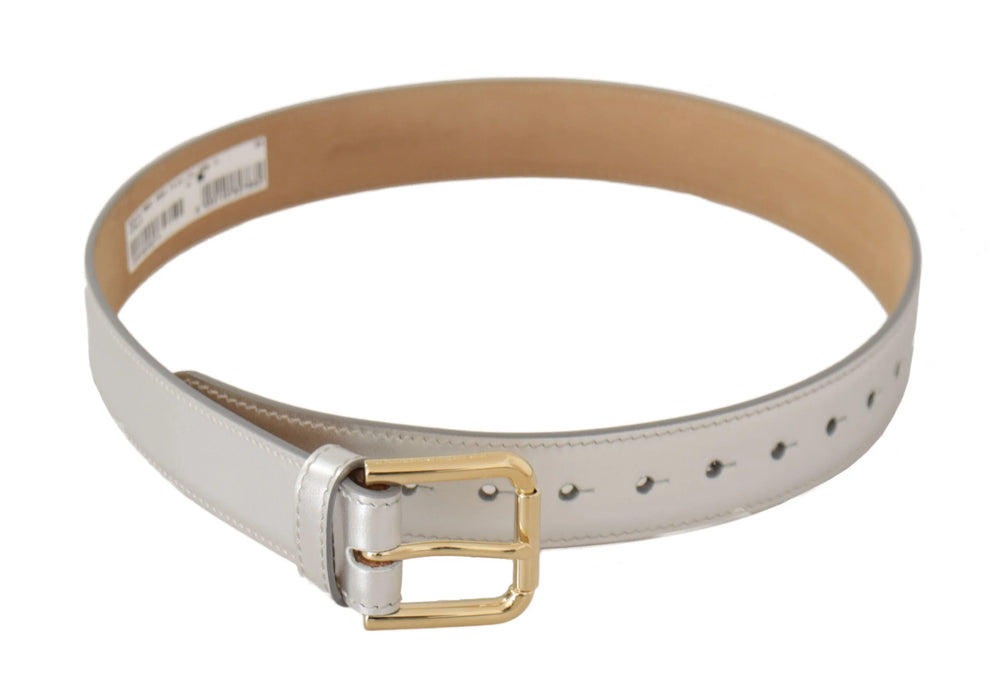 Dolce & Gabbana Silver Leather Gold Tone Logo Metal Buckle Belt - 65 cm / 26 Inches - Belts